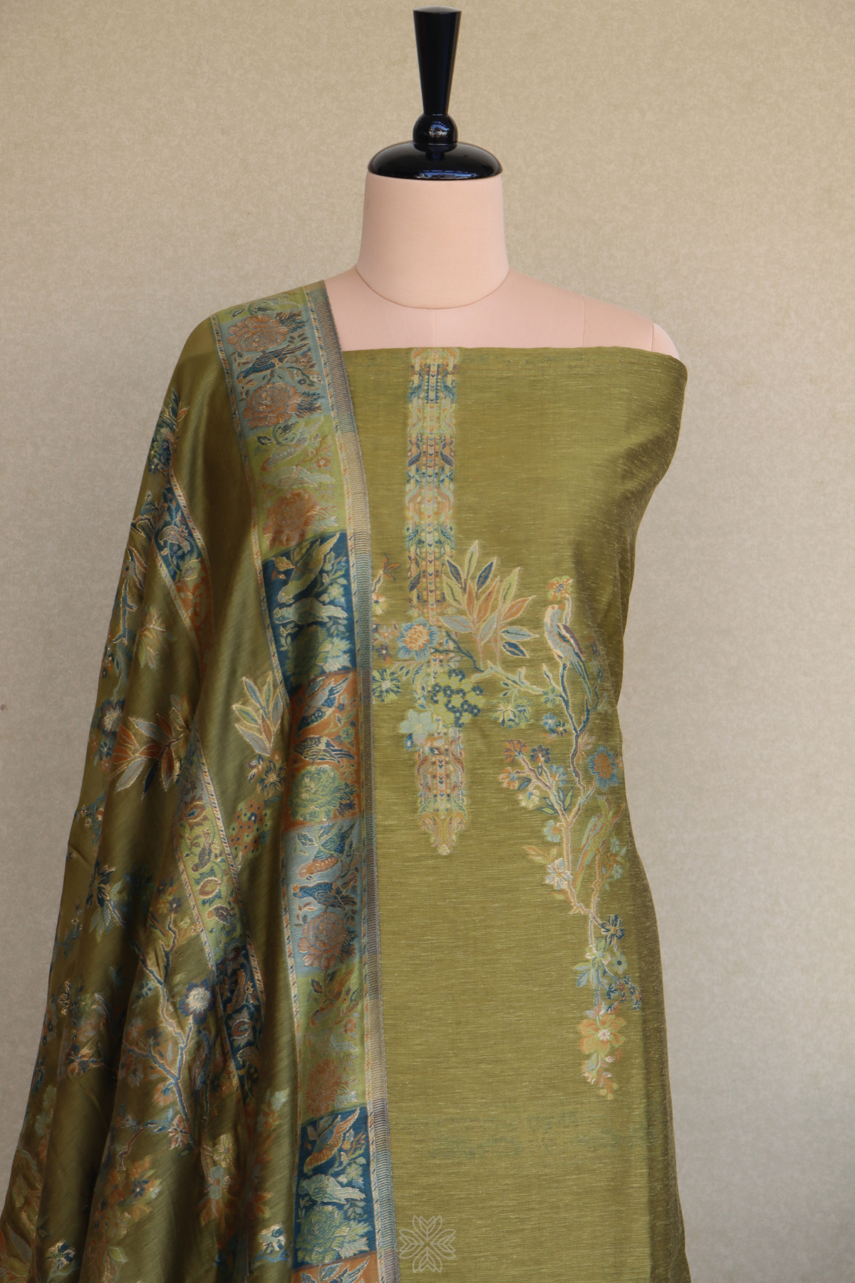 Mehandi Green Kani Silk Linen Suit with Floral Dupatta