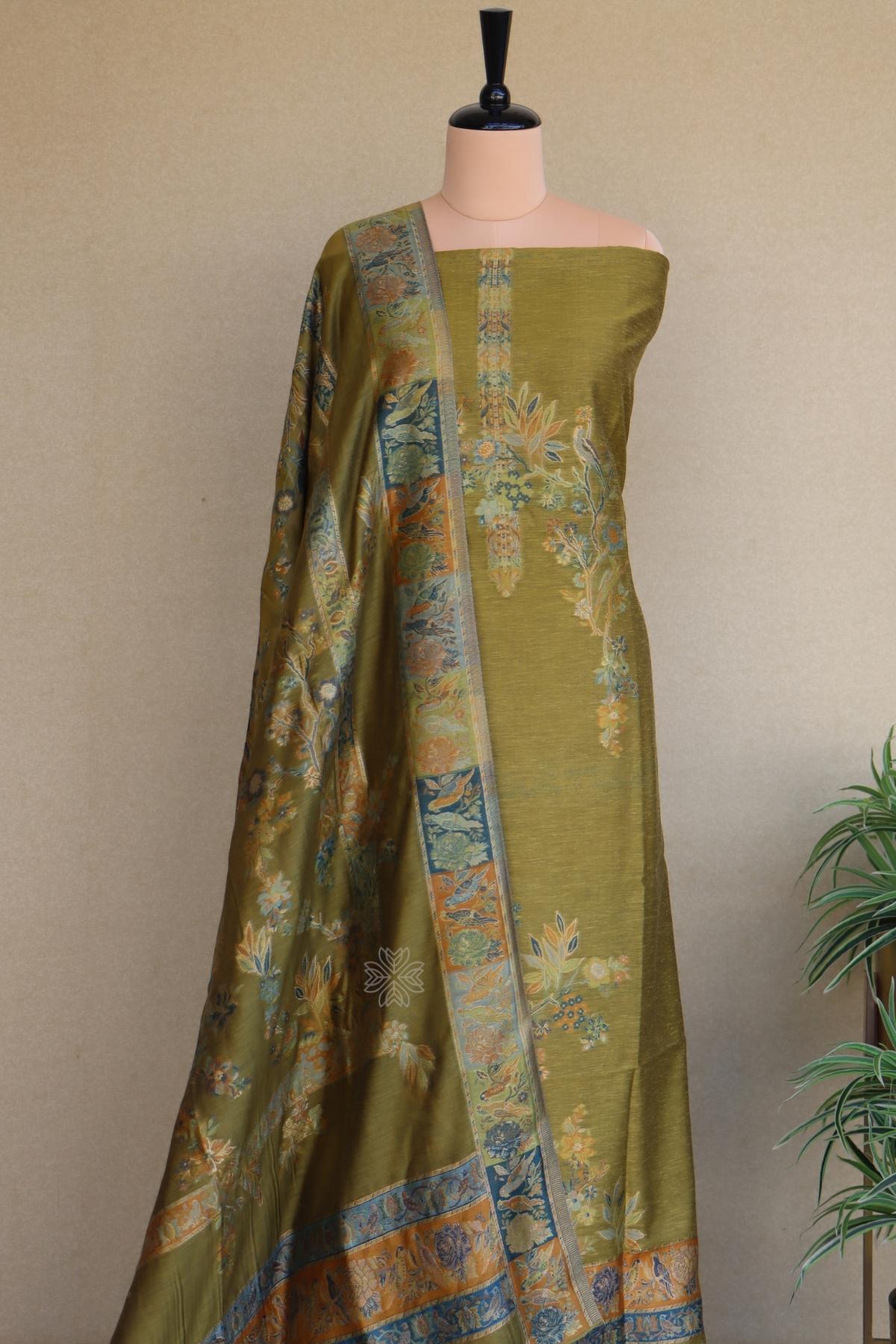 Mehandi Green Kani Silk Linen Suit with Floral Dupatta