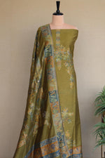 Mehandi Green Kani Silk Linen Suit with Floral Dupatta