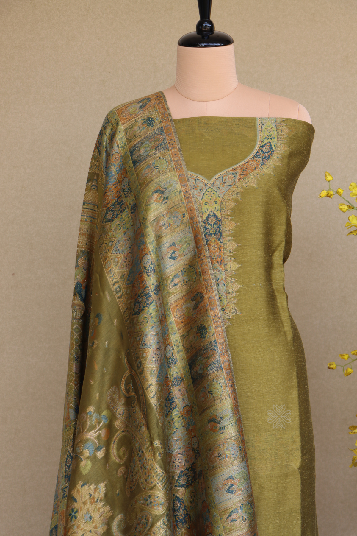 Mehandi Green Silk Linen Suit With Darbar Dupatta