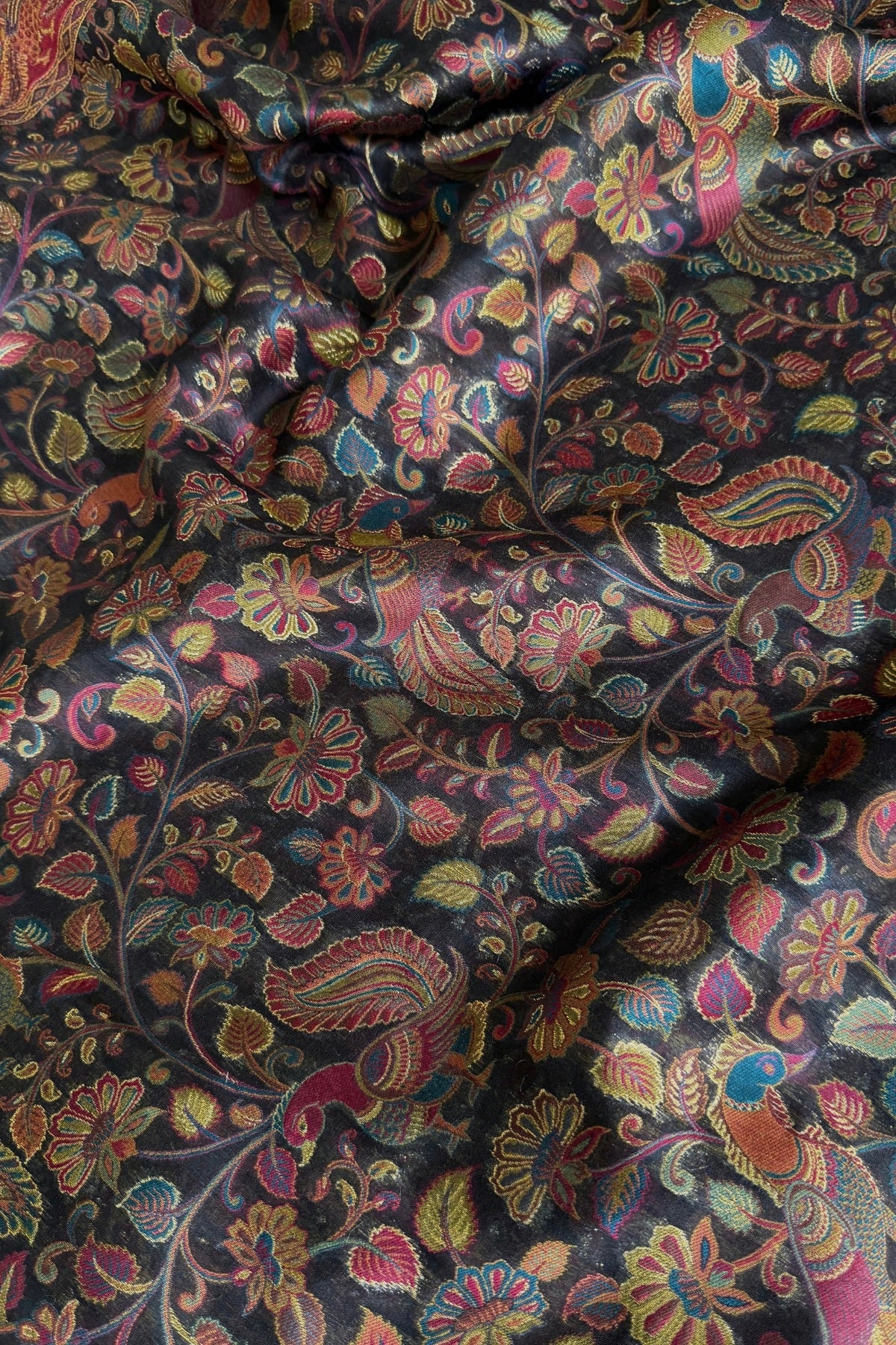 Smoky Black Kani Kalamkari Silk Saree