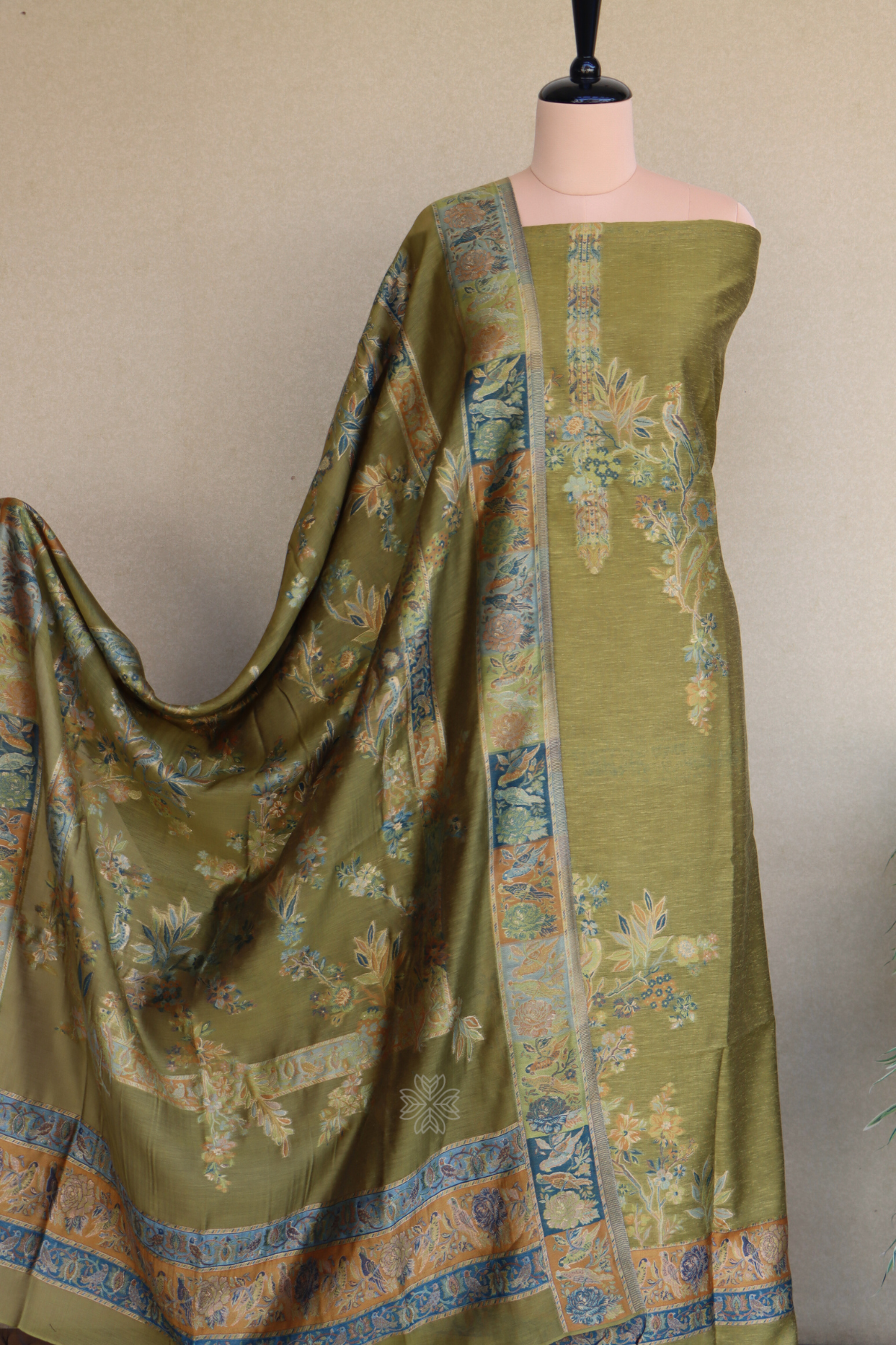 Mehandi Green Kani Silk Linen Suit with Floral Dupatta