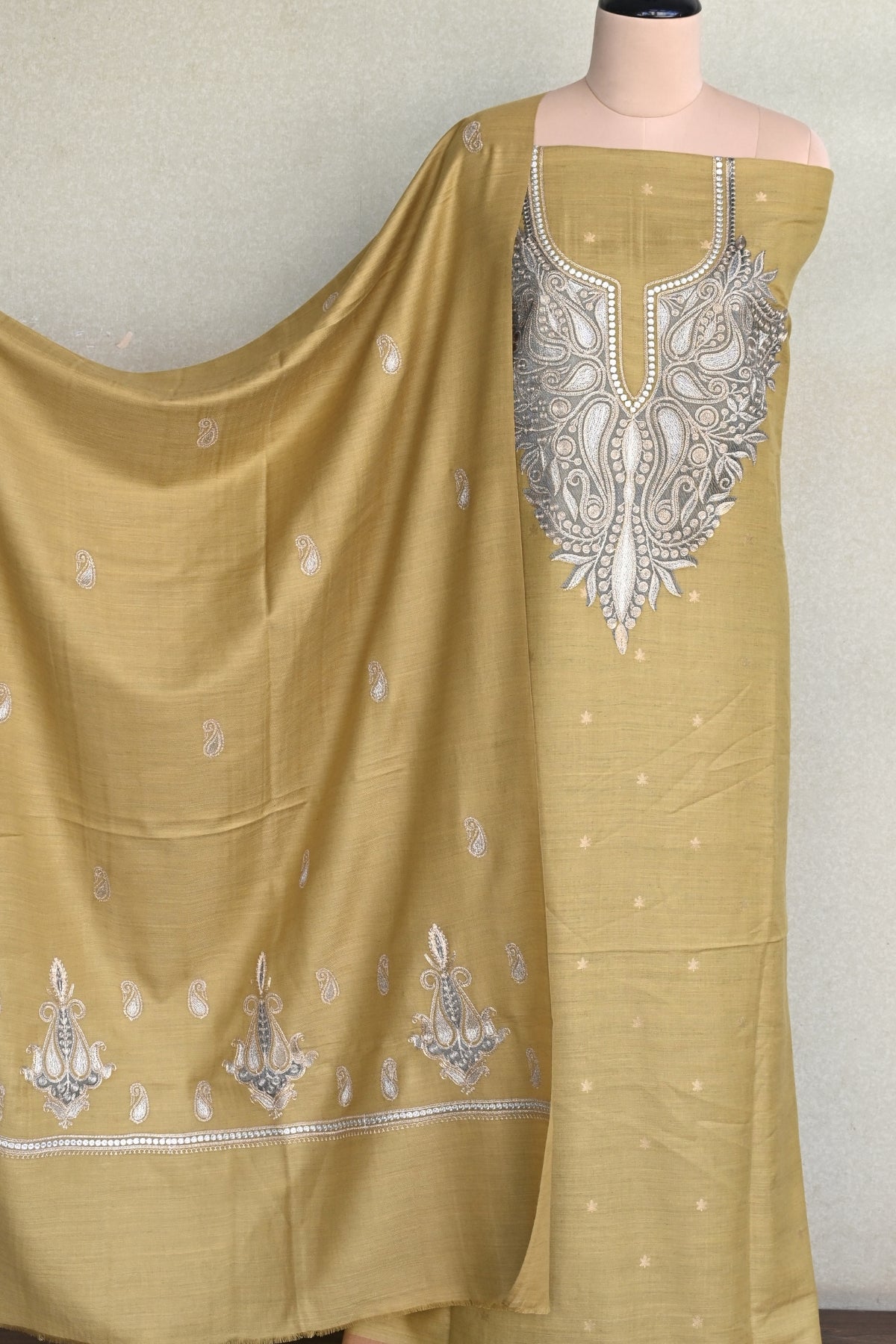 Mustard Fine Wool Zari Embroidered Unstitched Suit