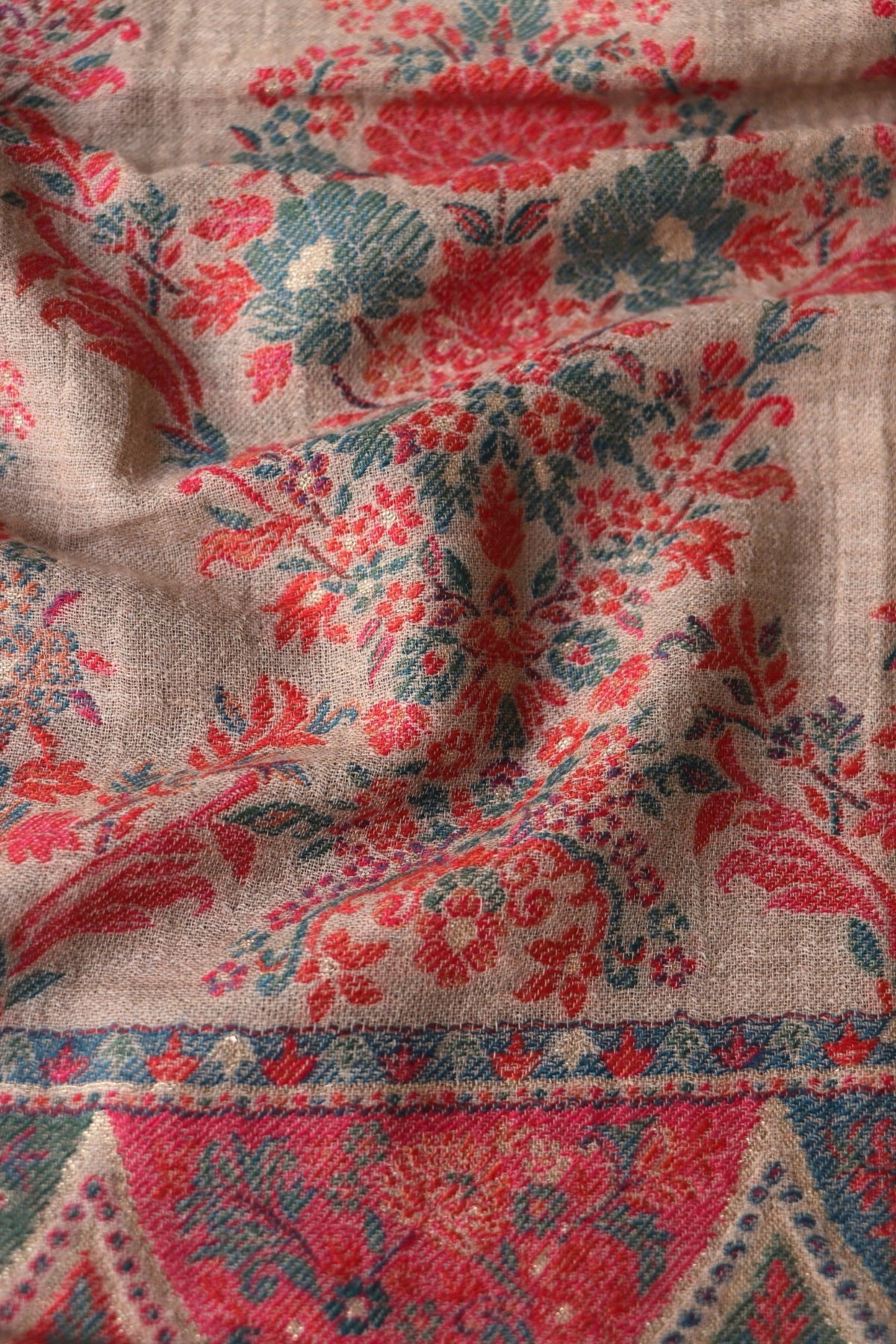 Beige Floral Kani Fine Wool Shawl