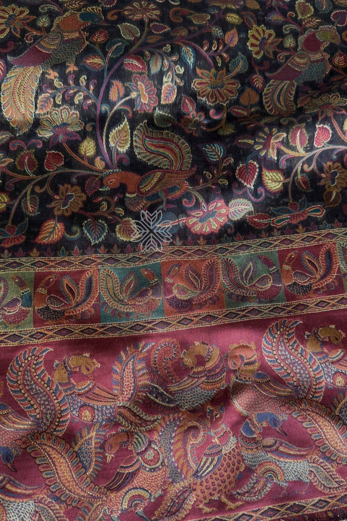 Smoky Black Kani Kalamkari Silk Saree