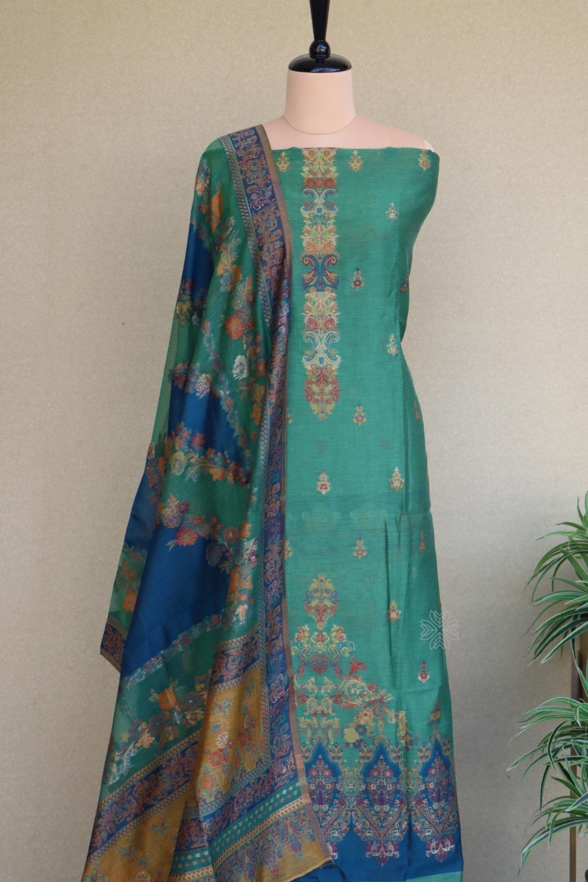 Green Kani Silk Linen Suit With Floral Dupatta