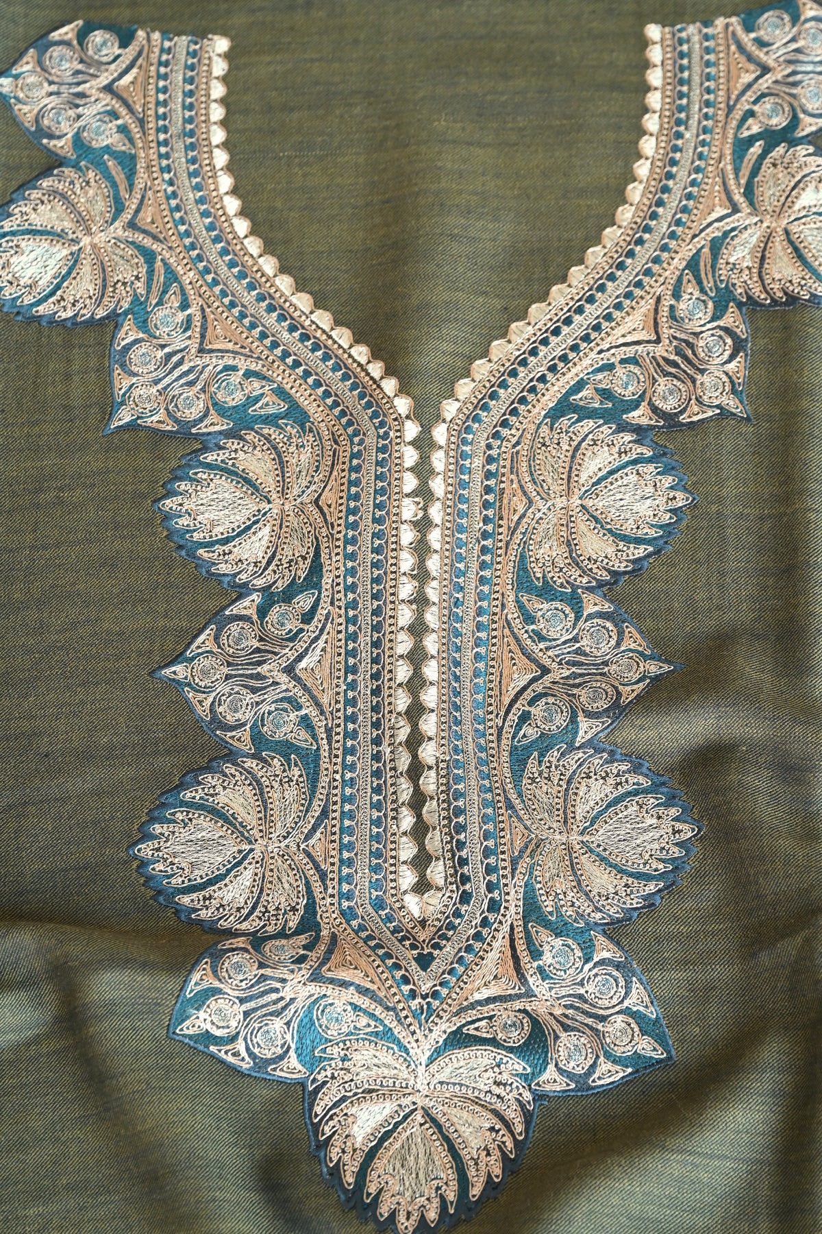Olive Green Fine Wool Zari Embroidered Unstitched Suit