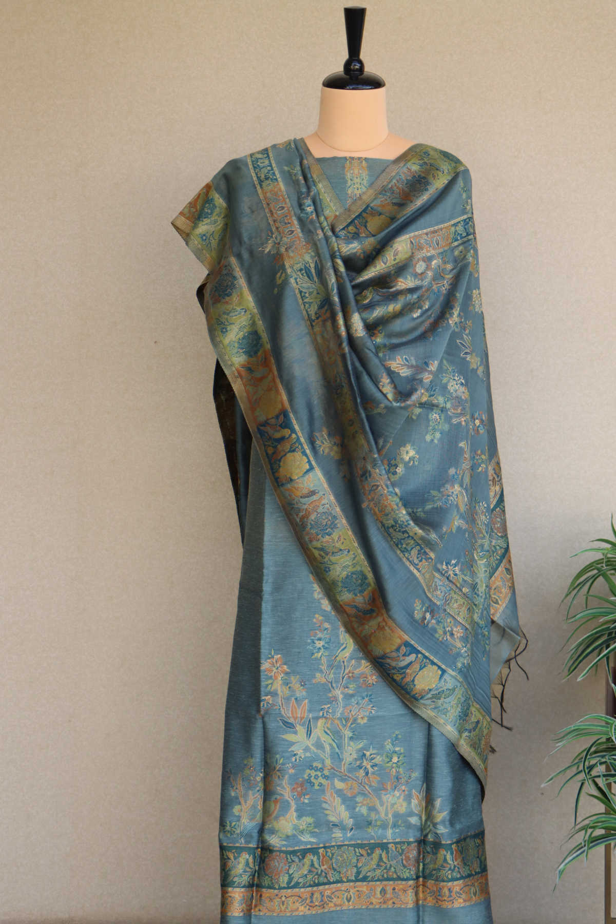 Sage Green Kani Silk Linen Suit With Floral Dupatta