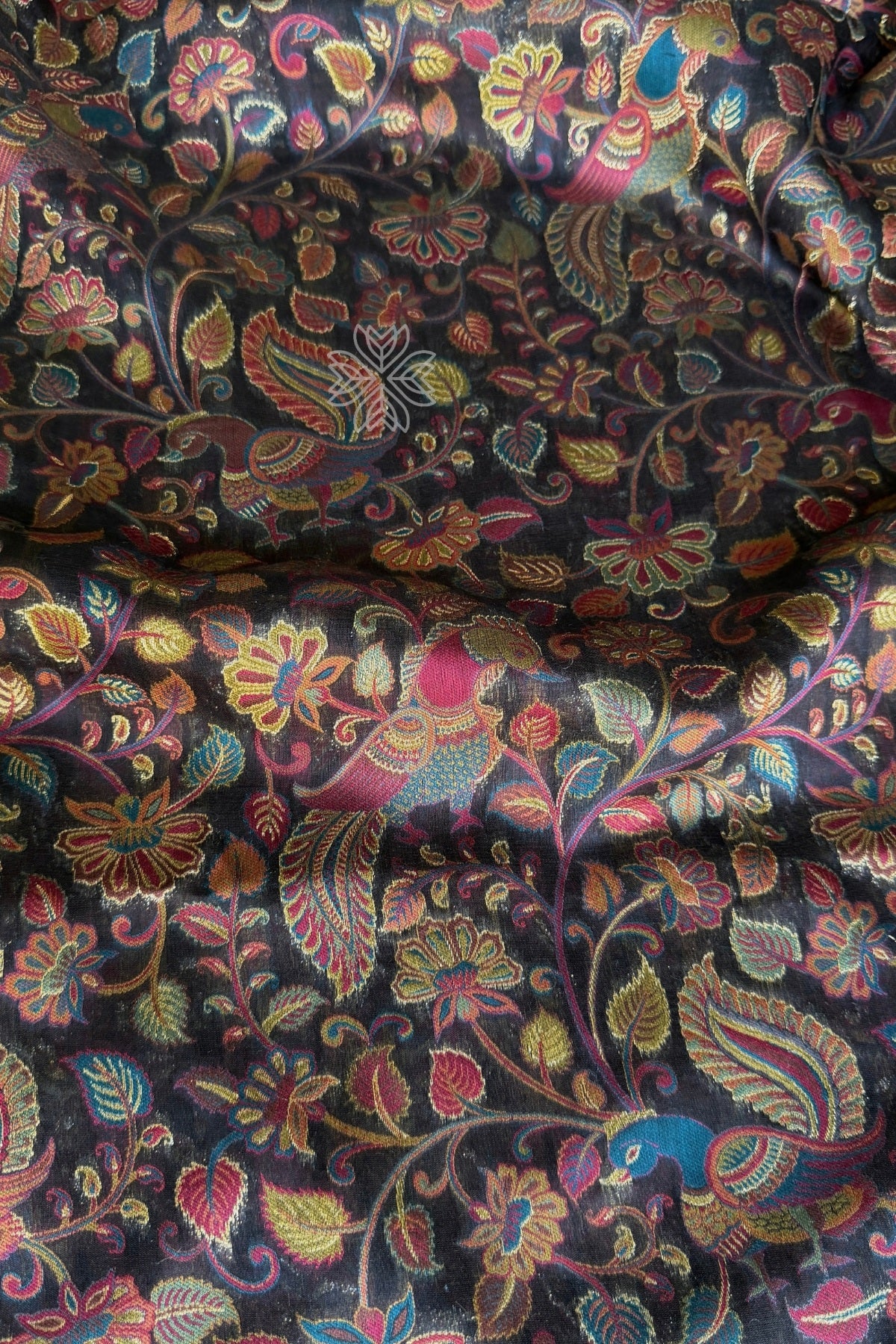 Smoky Black Kani Kalamkari Silk Saree