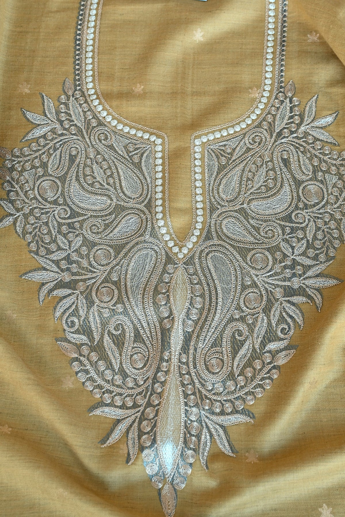 Mustard Fine Wool Zari Embroidered Unstitched Suit