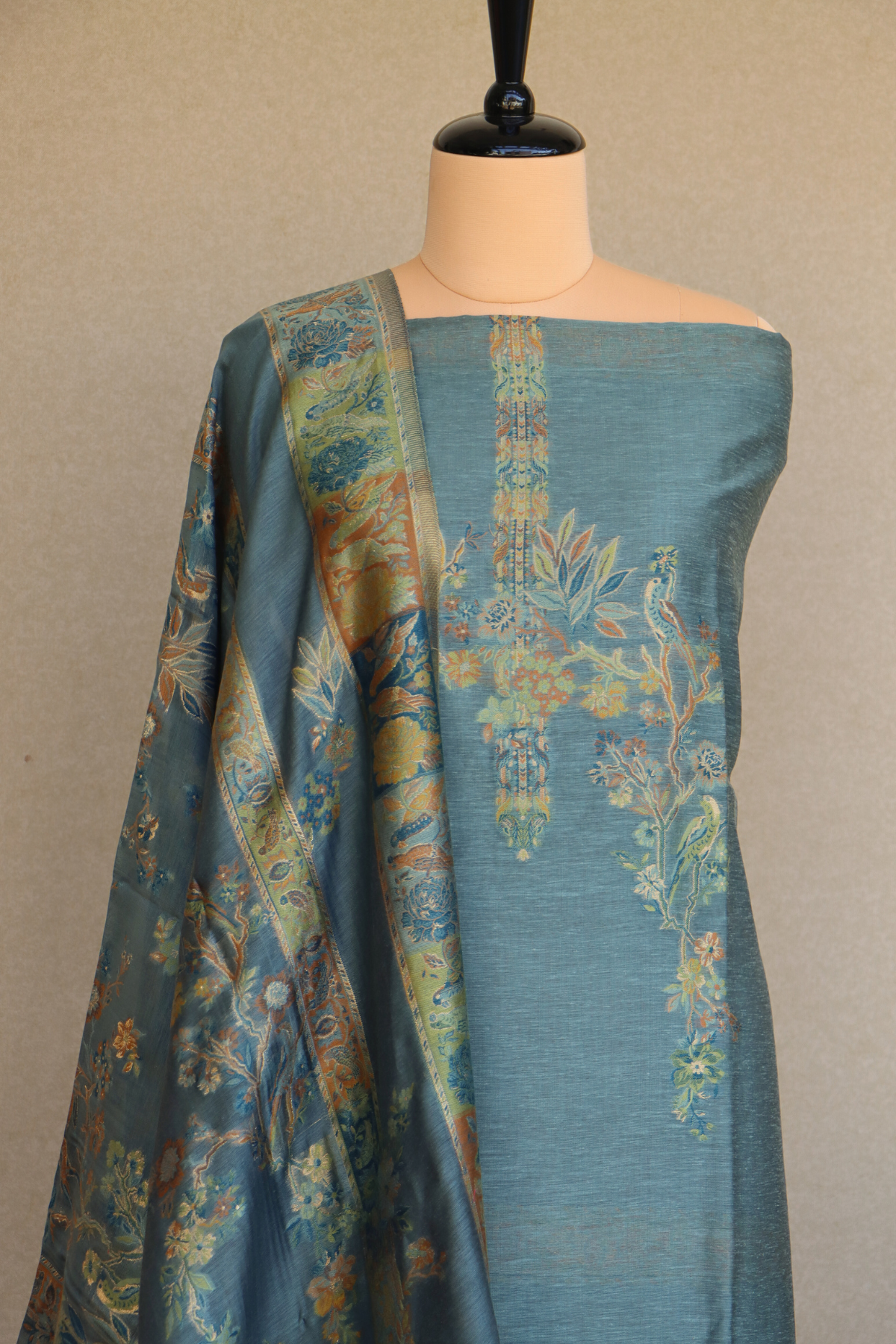 Sage Green Kani Silk Linen Suit With Floral Dupatta