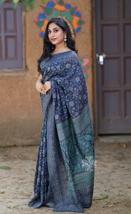 Dark Grey Kani Chanderi Silk Saree