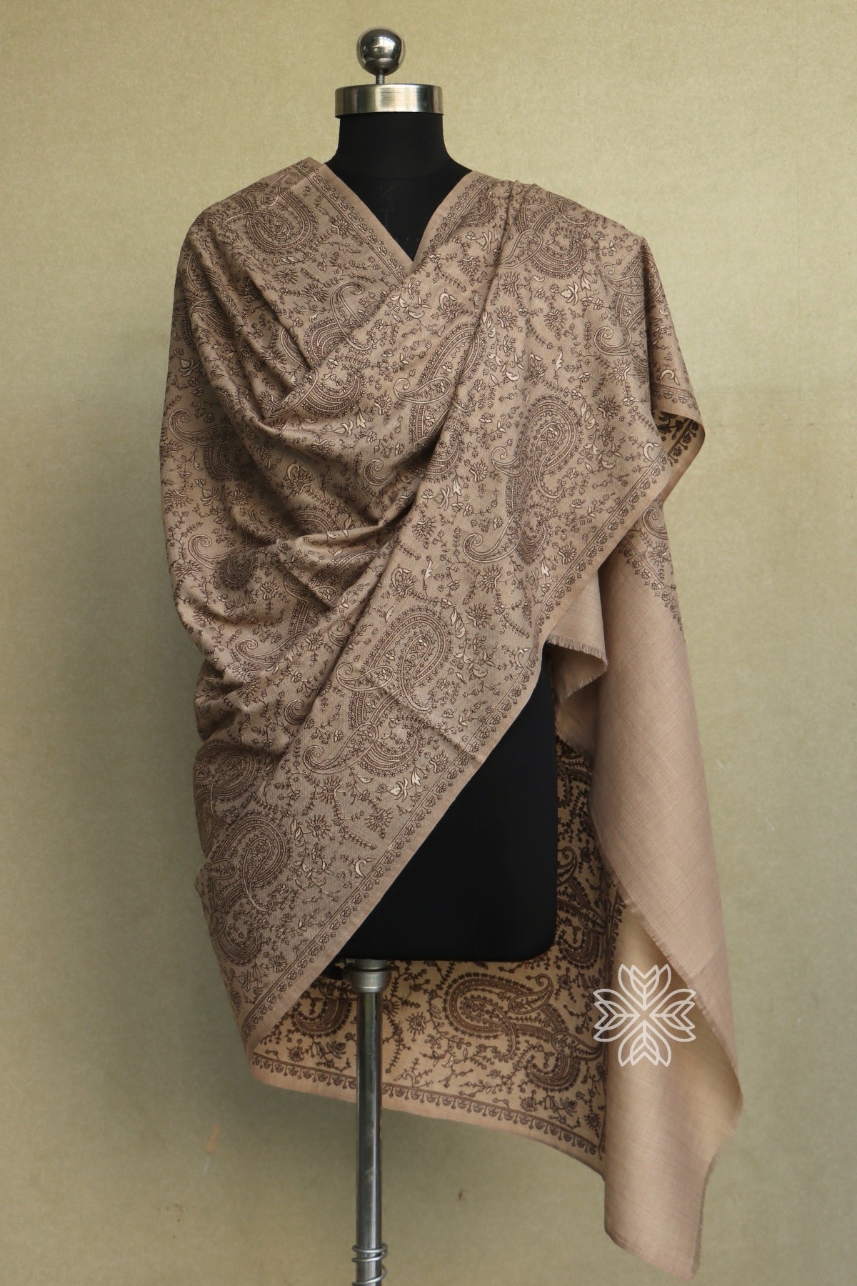 Beige Sozni Jaal Fine Wool Shawl
