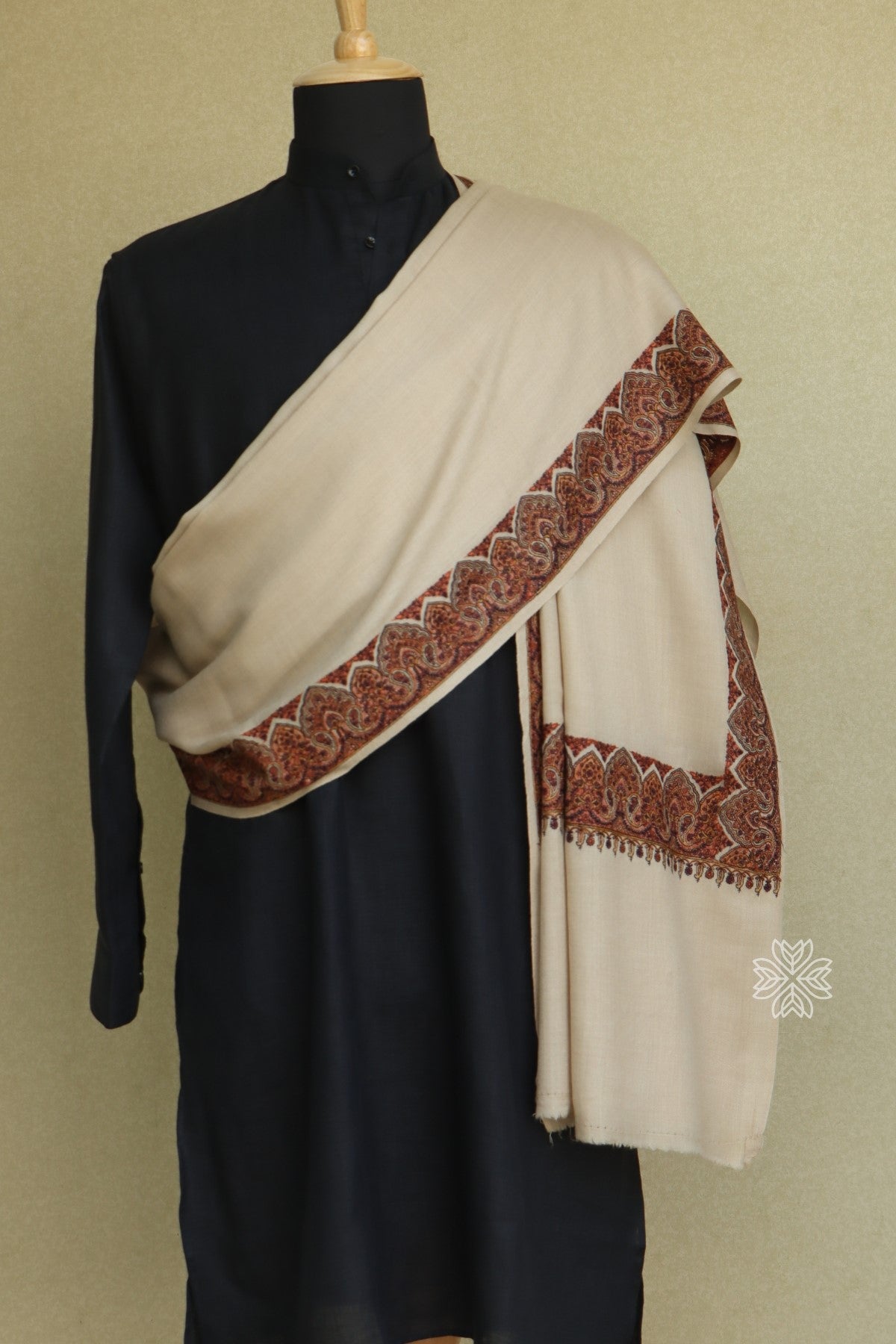 Beige Men's Fine Wool Sozni Shawl