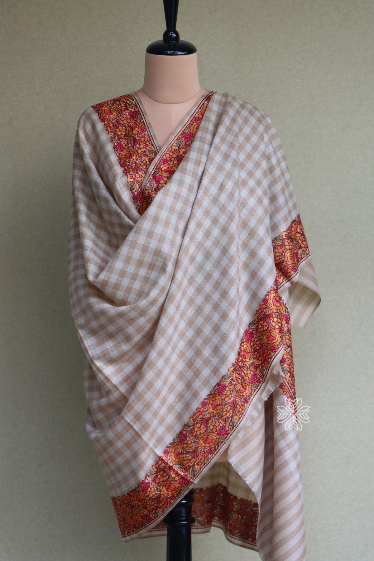 Beige Check Aari Fine Wool Shawl