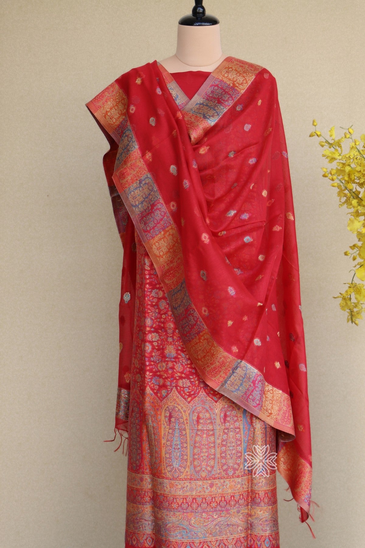 Red Kani Silk Linen Suit with Zari