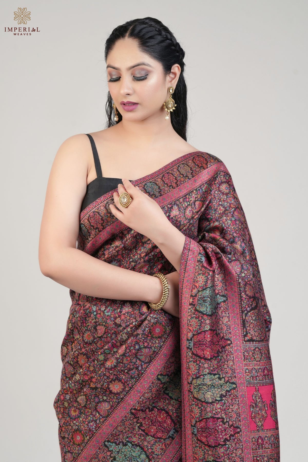 Black Floral Kani Jamawar Silk Saree - Vintage Saree, Kani Silk Saree Blouse, Authentic Kani Silk Saree, Kani Silk Saree, Traditional Kani Saree, Kani Saree, Kani Pashmina Silk Saree