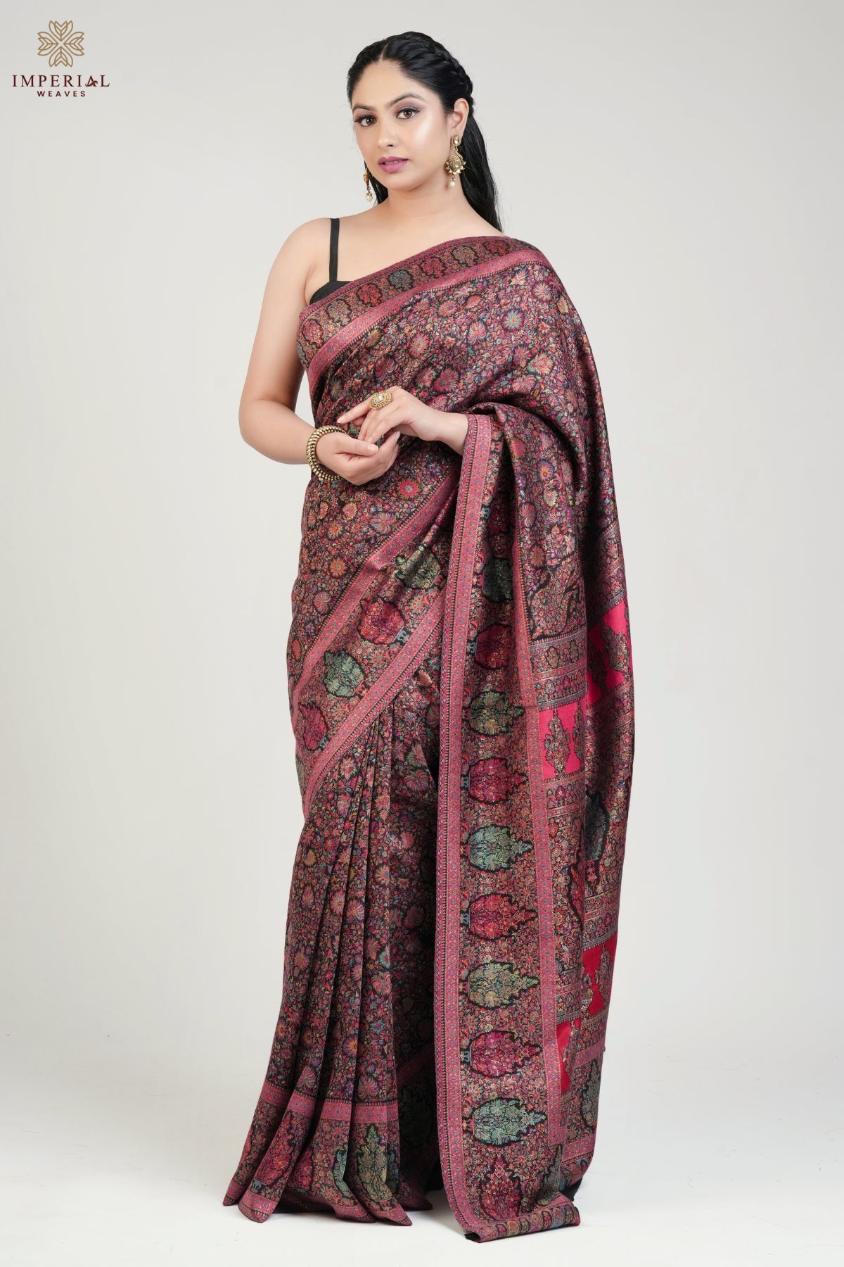 Black Floral Kani Jamawar Silk Saree - Traditional Kani Saree, Kani Silk Saree, Kani Pashmina Silk Saree, Original Kani Silk Saree, Kashmiri Kani Saree