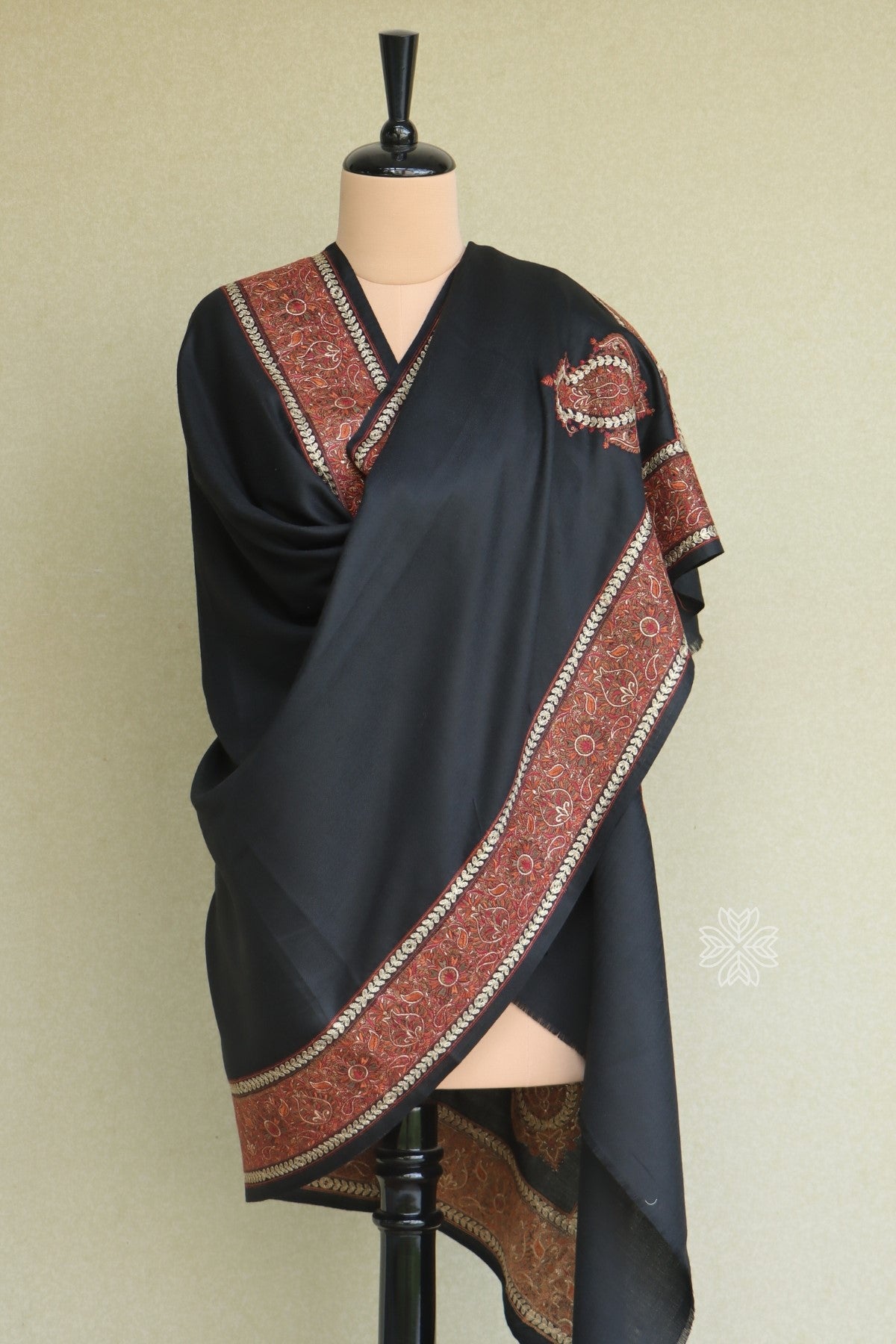 Black Sozni Fine Wool Shawl