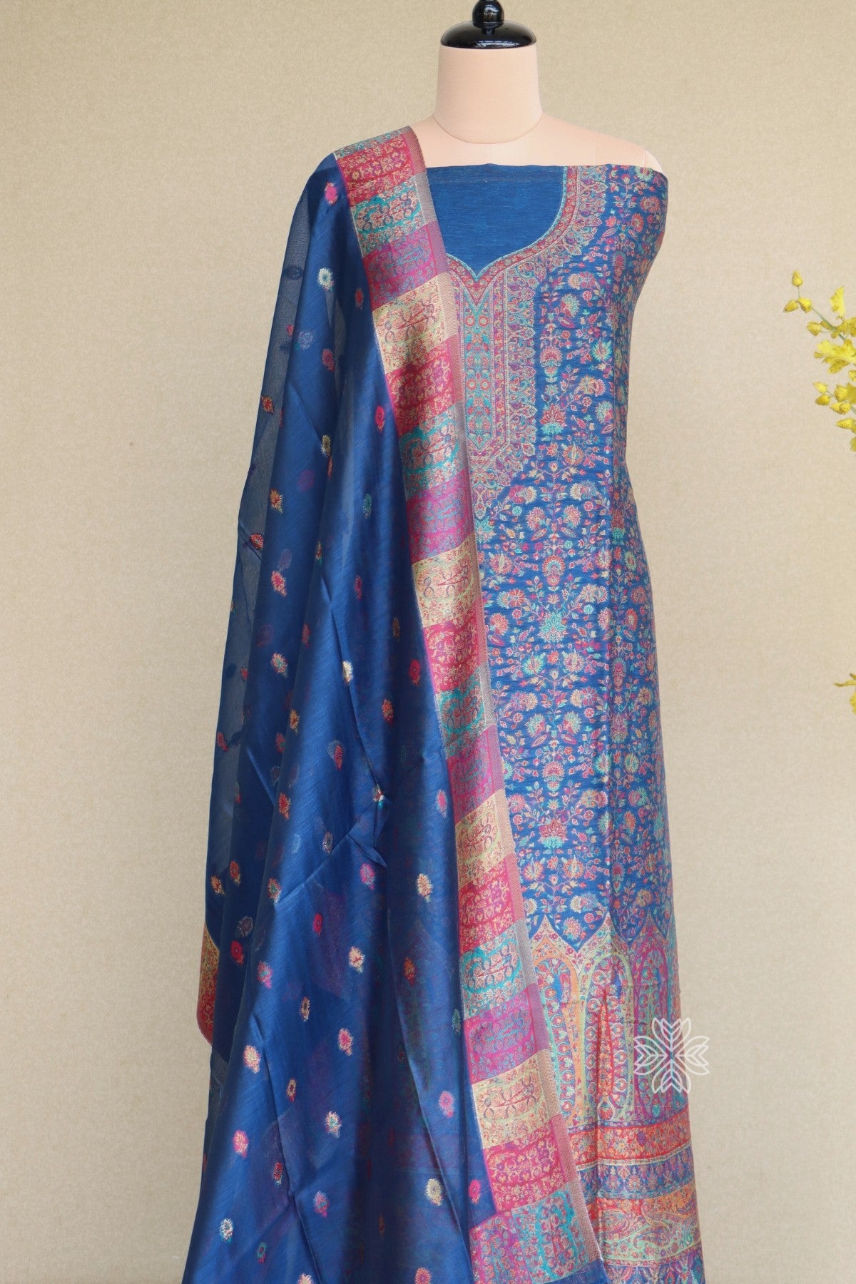 Ink Blue Kani Silk Linen Suit with Zari