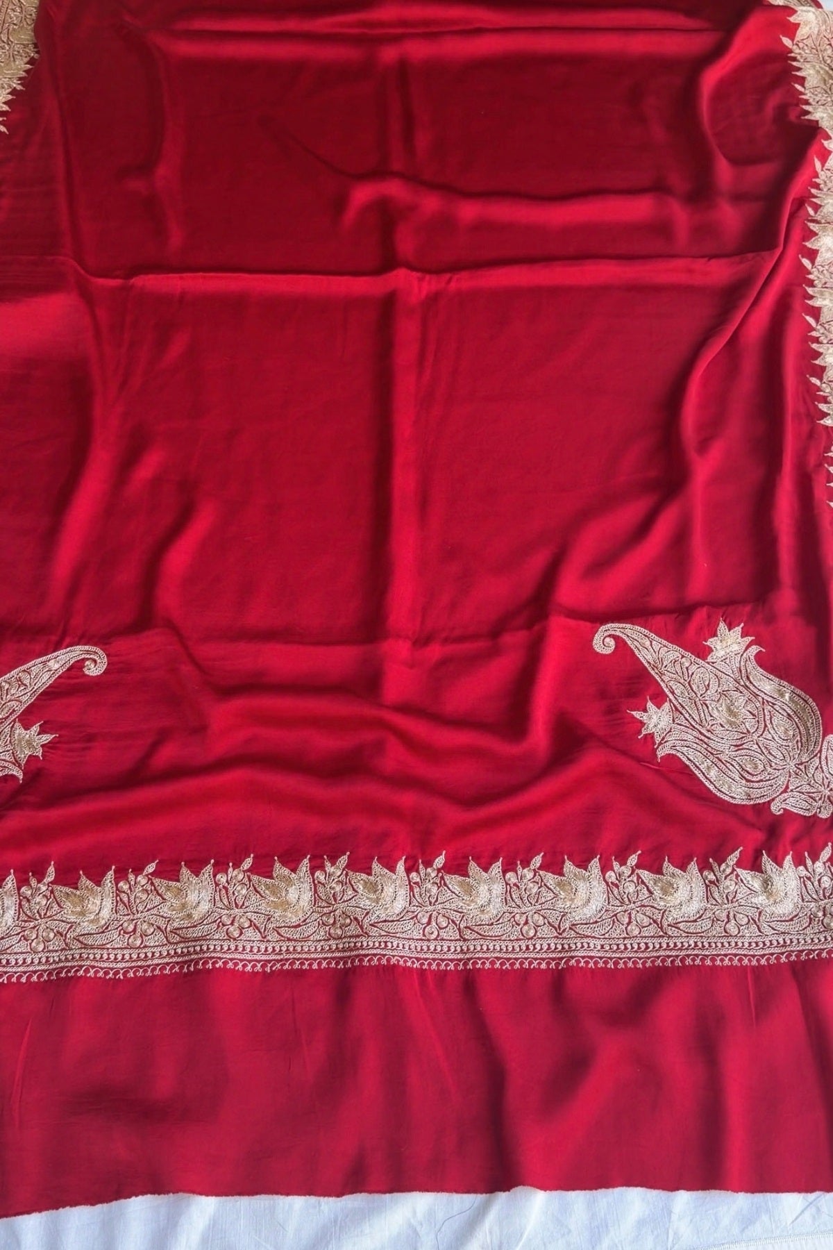 Red Kashmiri Tilla Hand Embroidered Satin Silk Saree