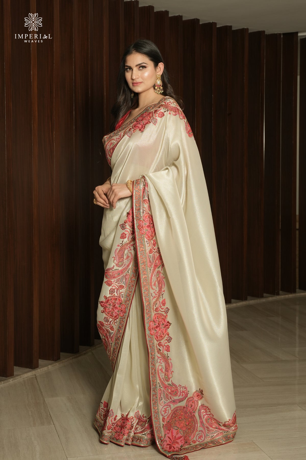 Golden Jamawar Hand embroidered Saree