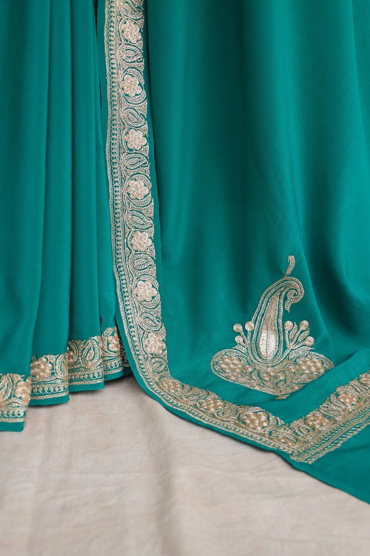 Green Crepe Silk Saree with metallic embroidery