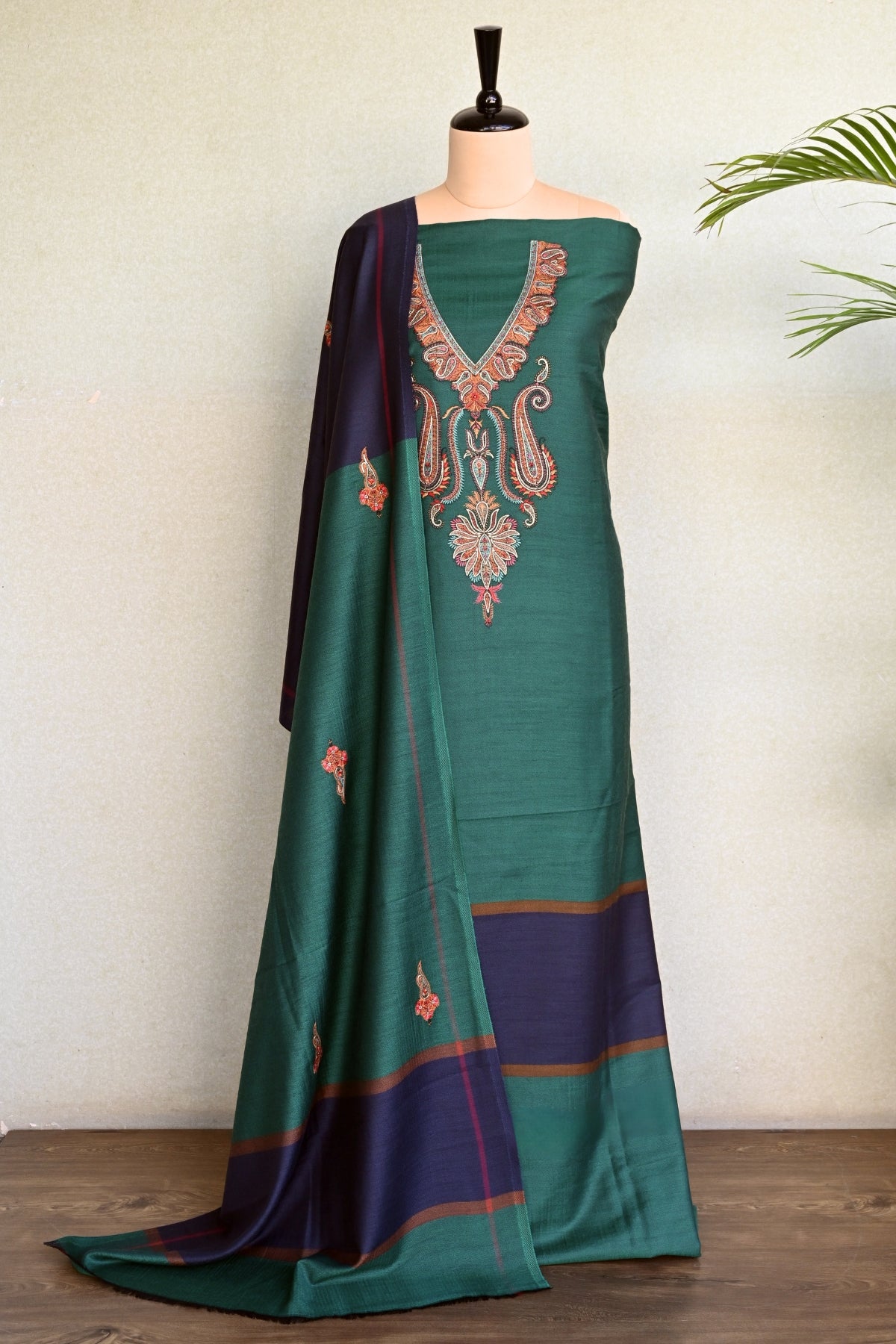 Green Fine Wool Embroidered Unstitched Suit