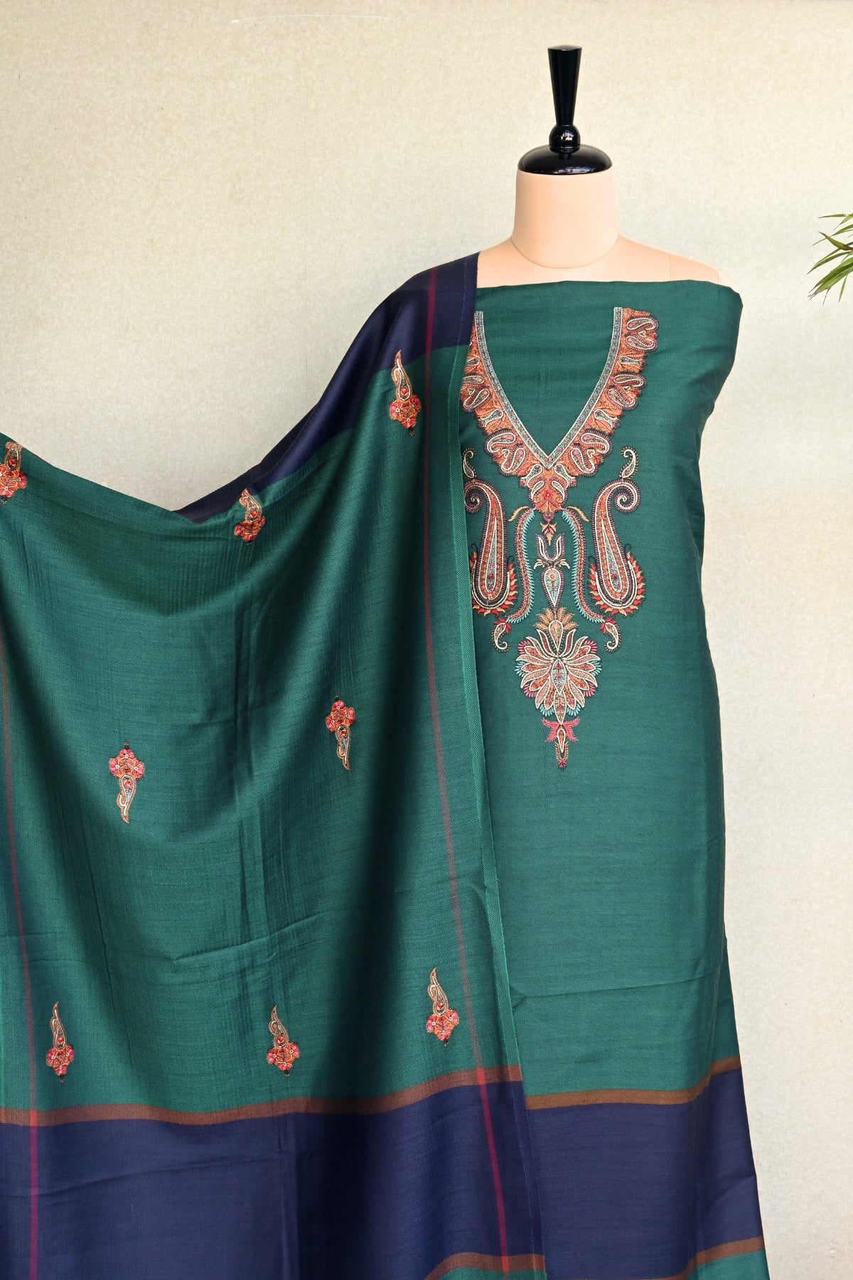 Green Fine Wool Embroidered Unstitched Suit