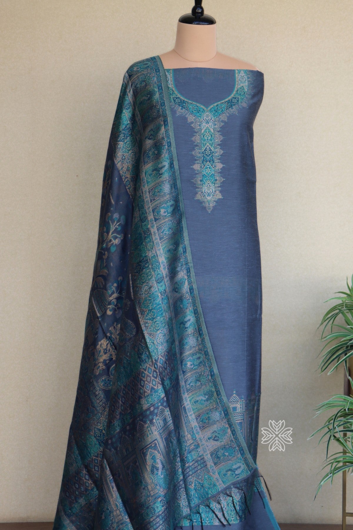 Grey Kani Silk Linen Suit With Darbar Dupatta