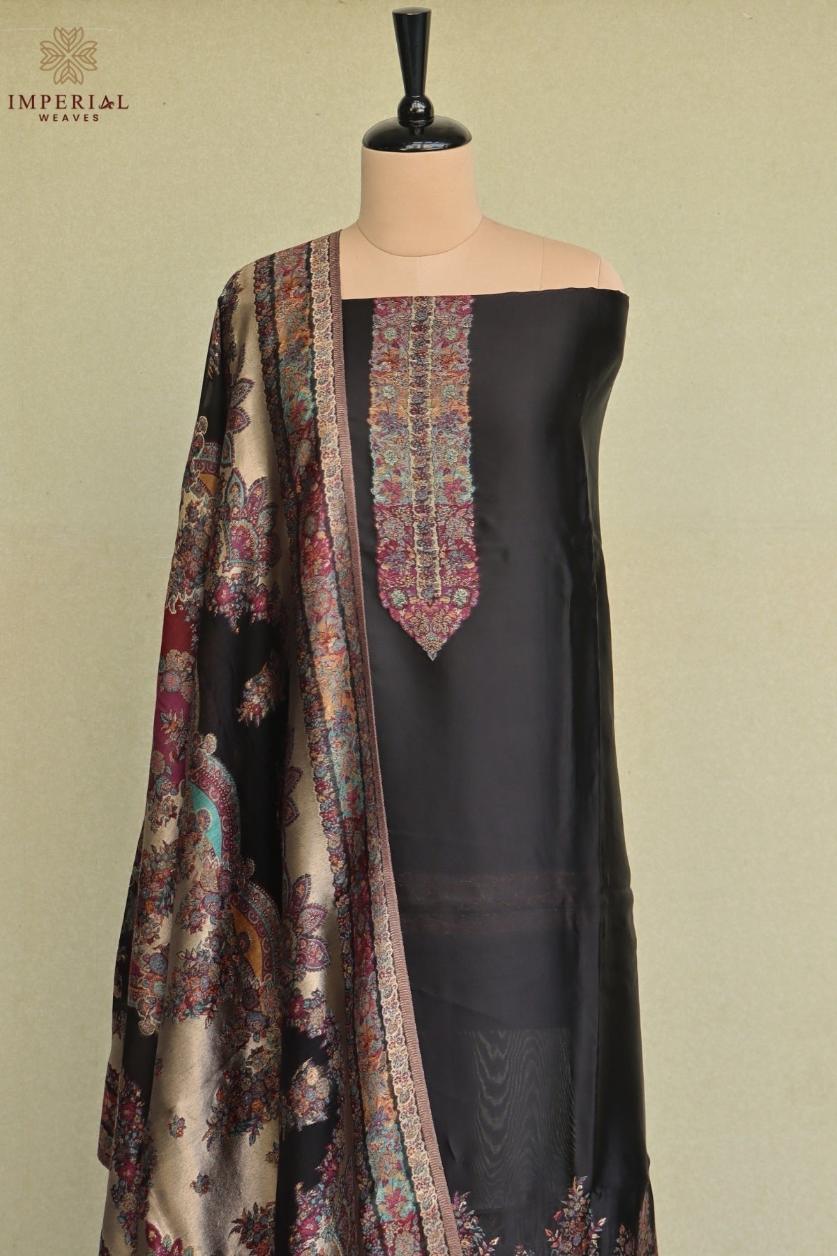 Smoky Black Kani Silk Suit with Tissue Silk Dupatta