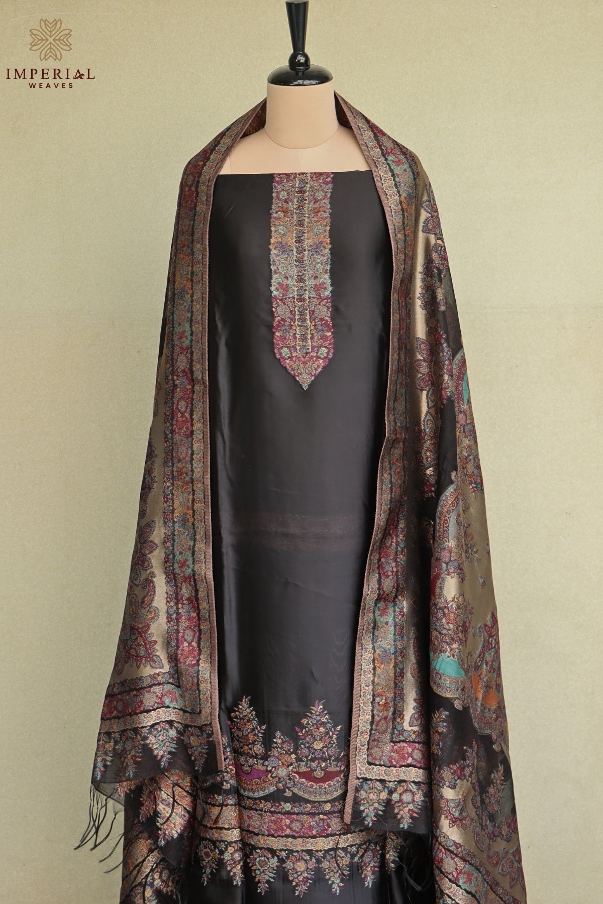 Smoky Black Kani Silk Suit with Tissue Silk Dupatta