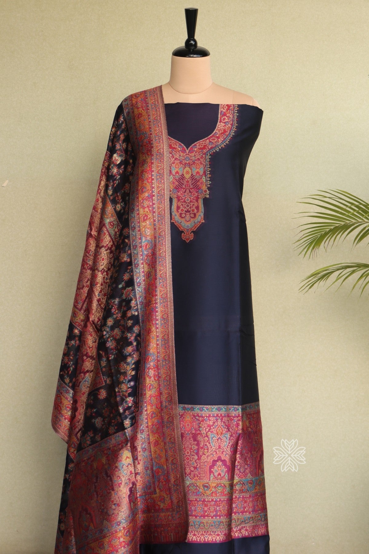 Navy Blue Kani Silk Suit with Allover Dupatta