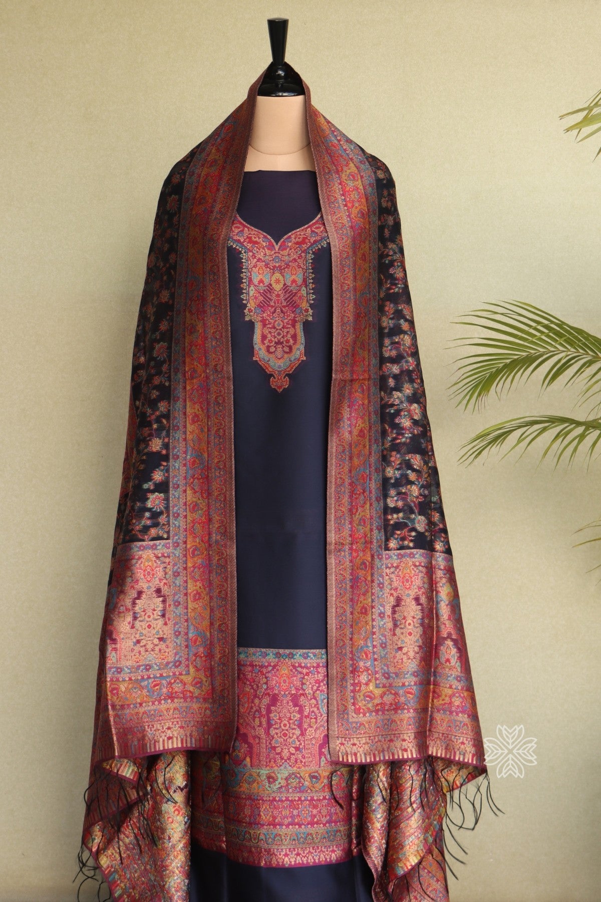 Navy Blue Kani Silk Suit with Allover Dupatta