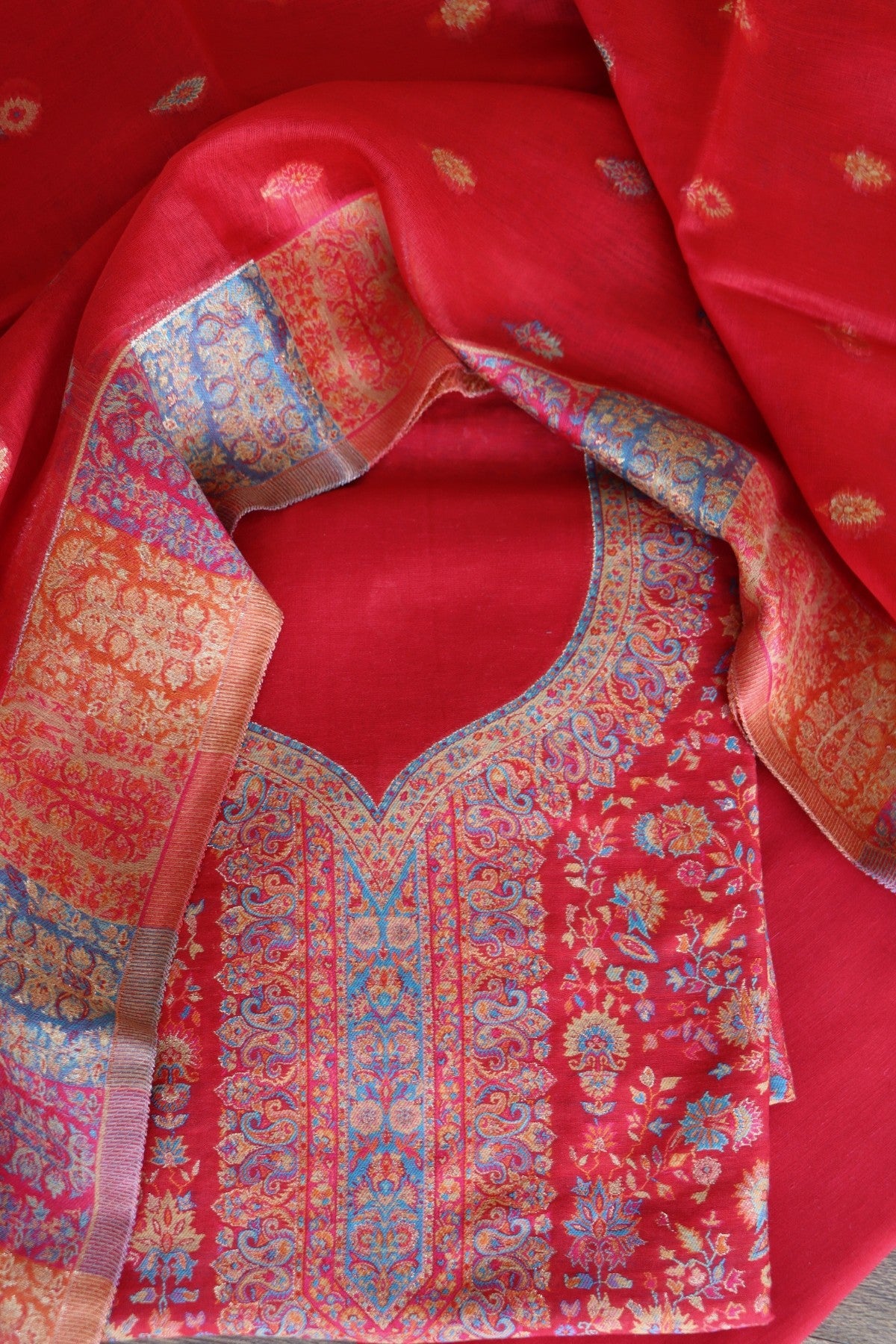 Red Kani Silk Linen Suit with Zari