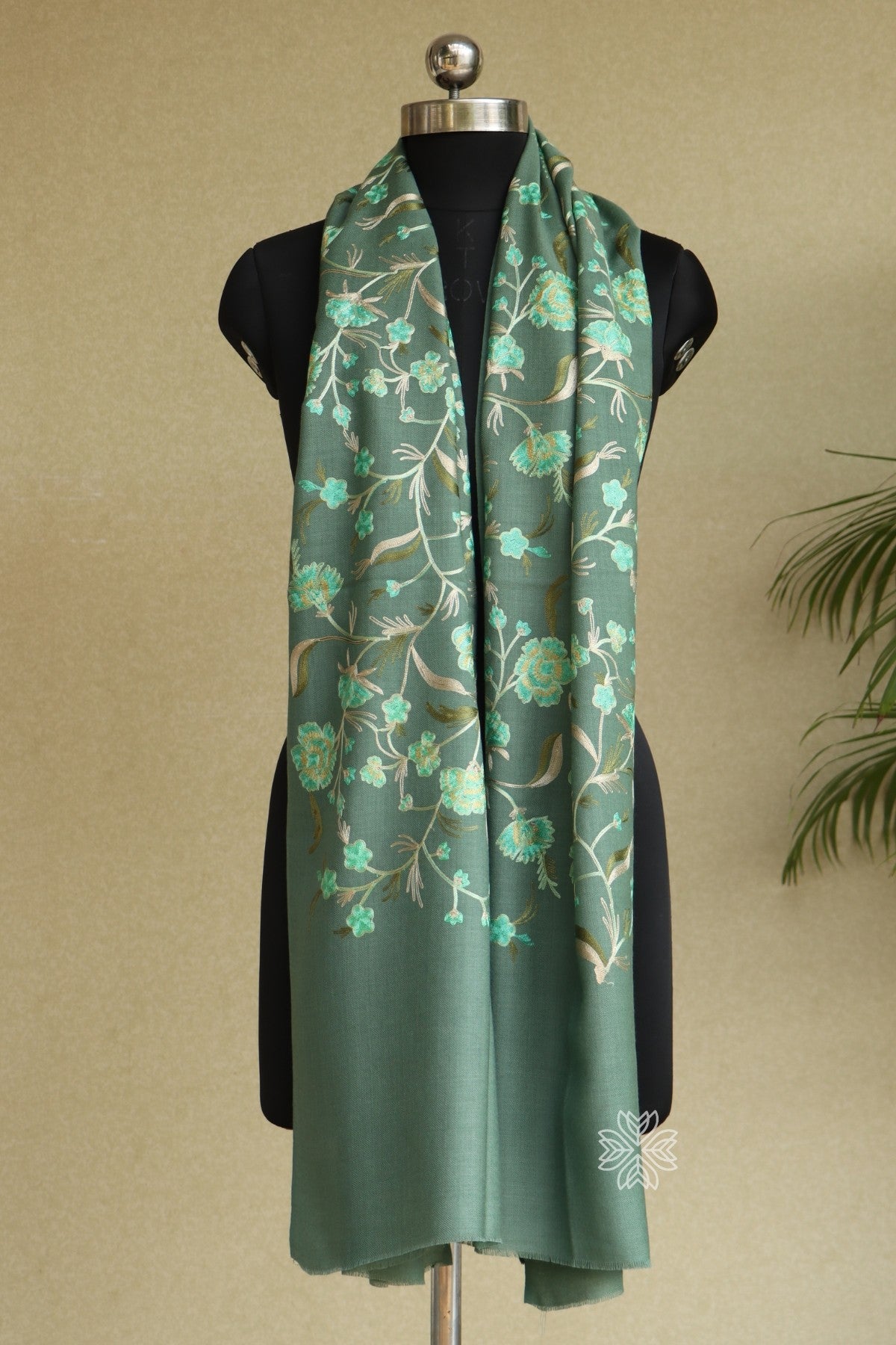 Sage Green Woolen All Over Aari Stole