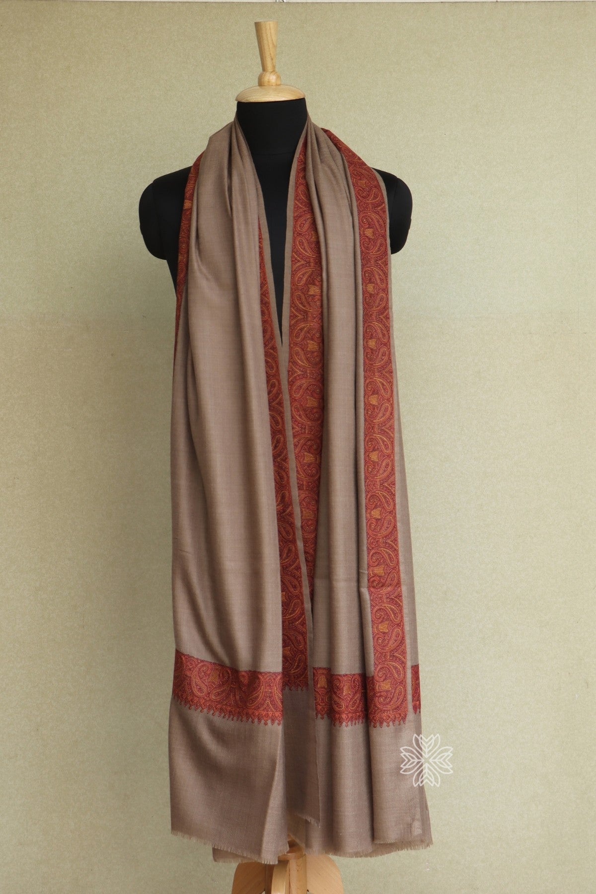 Natural Colored Sozni Embroidered Mens Fine Wool Shawl