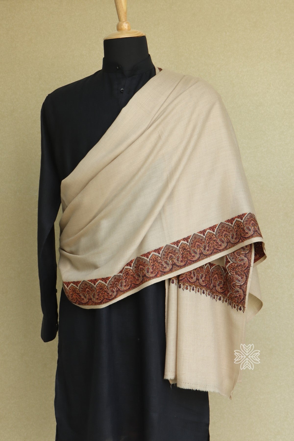 Beige Men's Fine Wool Sozni Shawl