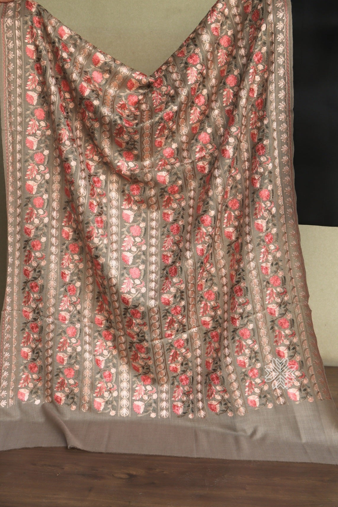 Beige Aari Embroidered Fine Wool Shawl
