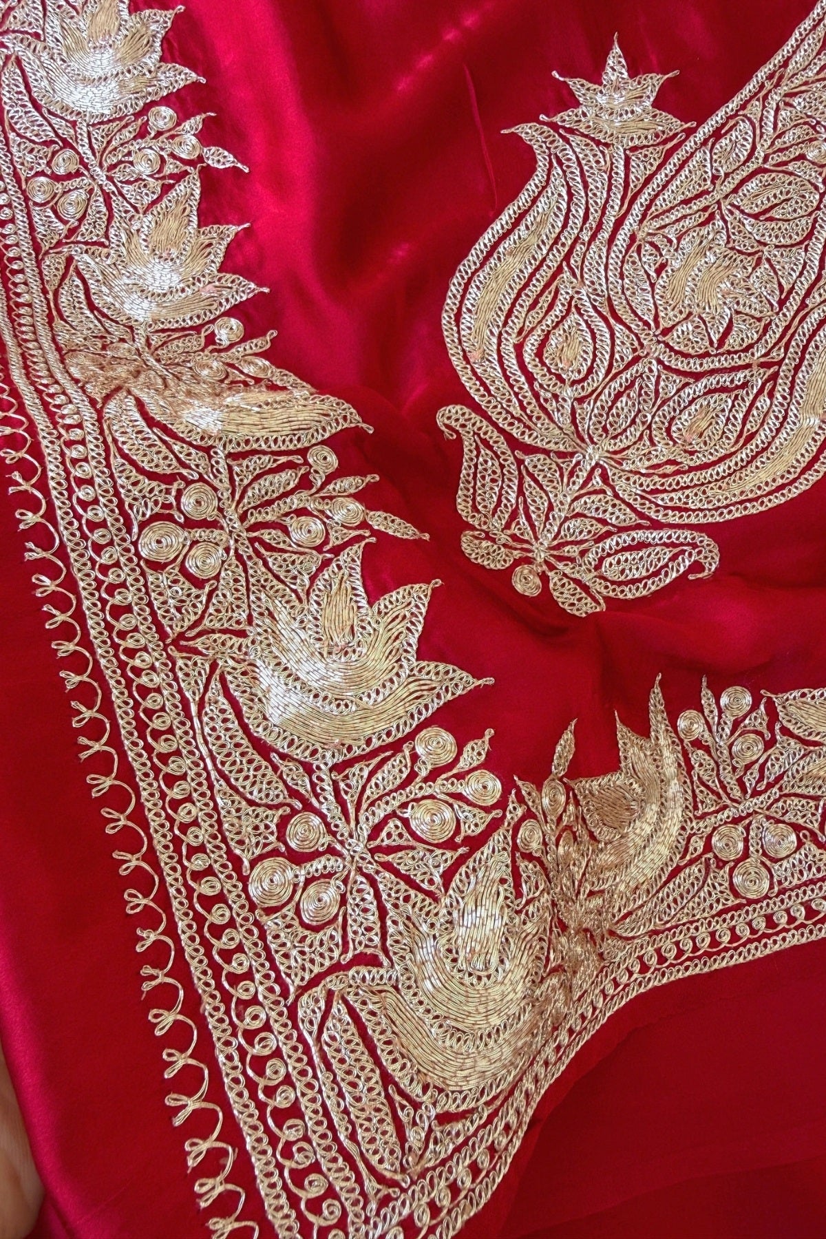 Red Kashmiri Tilla Hand Embroidered Satin Silk Saree