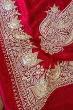 Red Kashmiri Tilla Hand Embroidered Satin Silk Saree