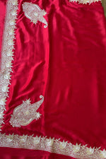 Red Kashmiri Tilla Hand Embroidered Satin Silk Saree