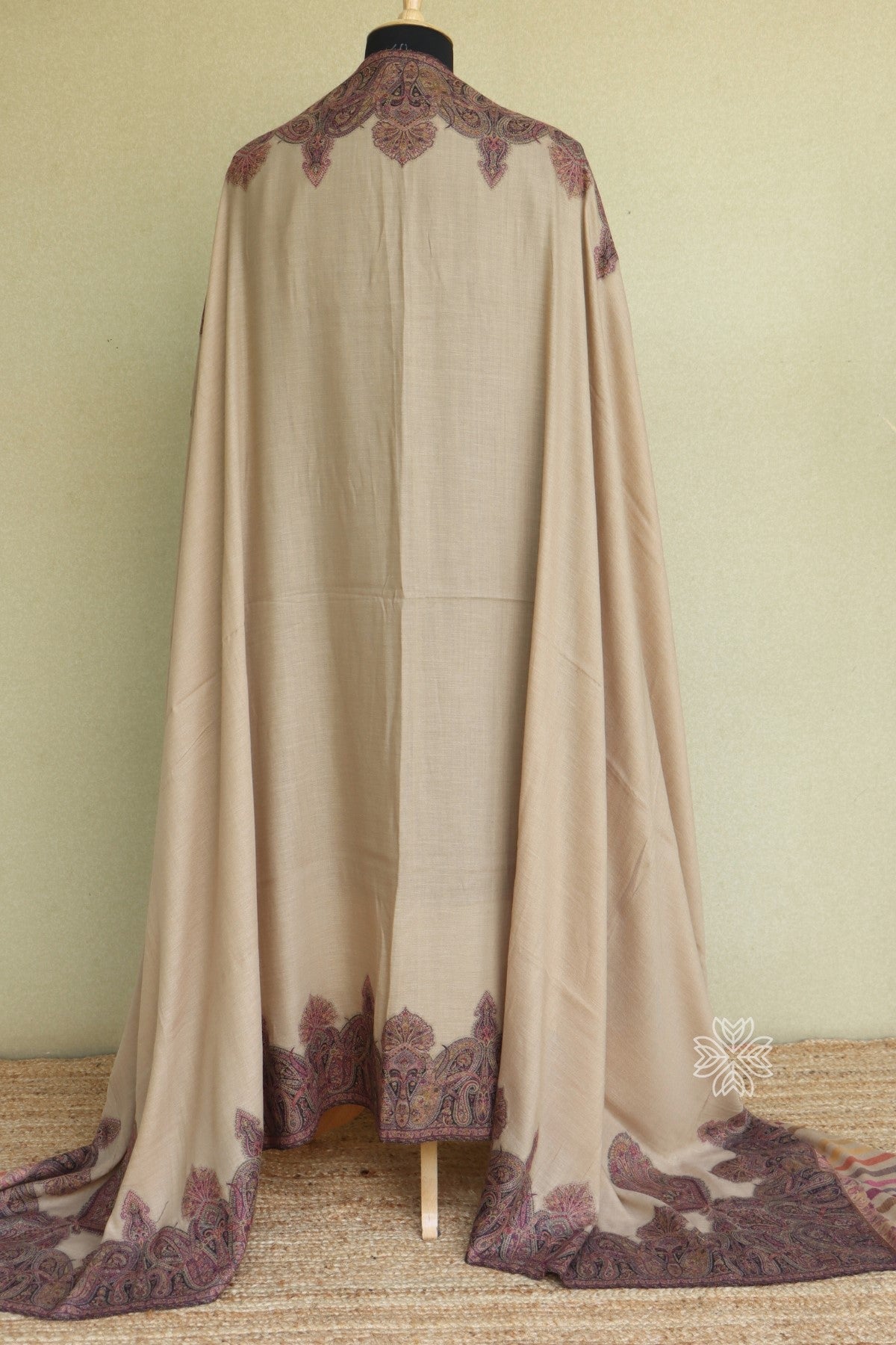 Beige Men Fine Wool Jamawar Border Shawl