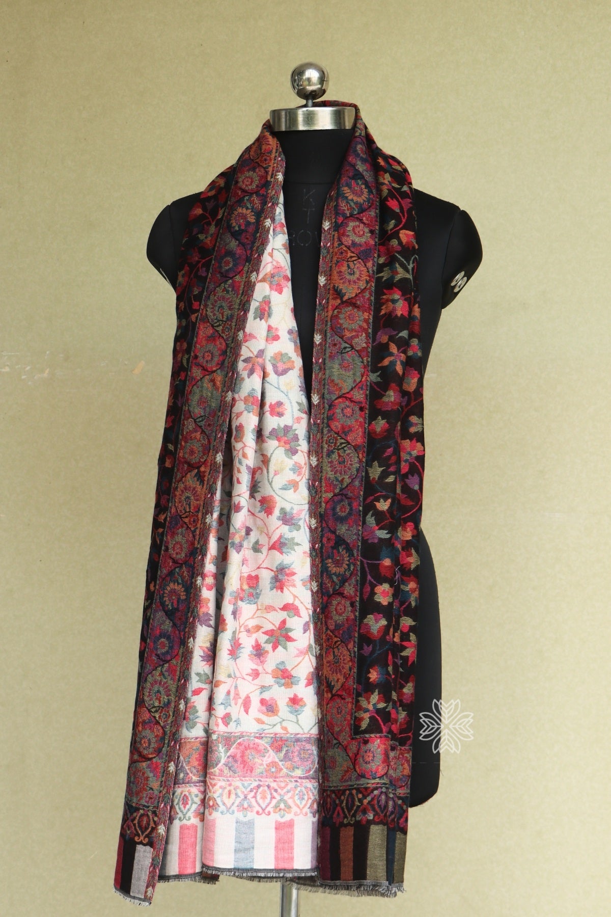 Black and Off White Reversible Kani Fine Wool Shawl