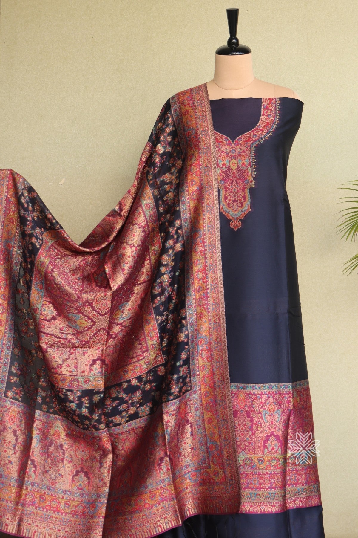 Navy Blue Kani Silk Suit with Allover Dupatta