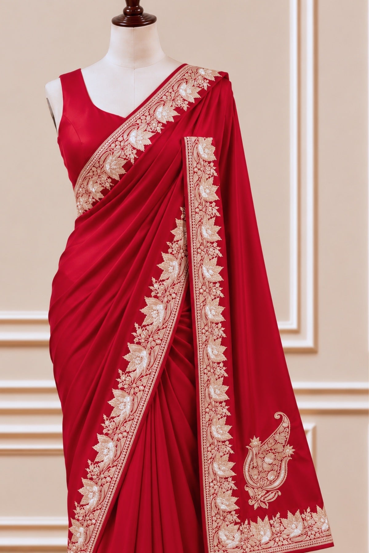 Red Kashmiri Tilla Hand Embroidered Satin Silk Saree