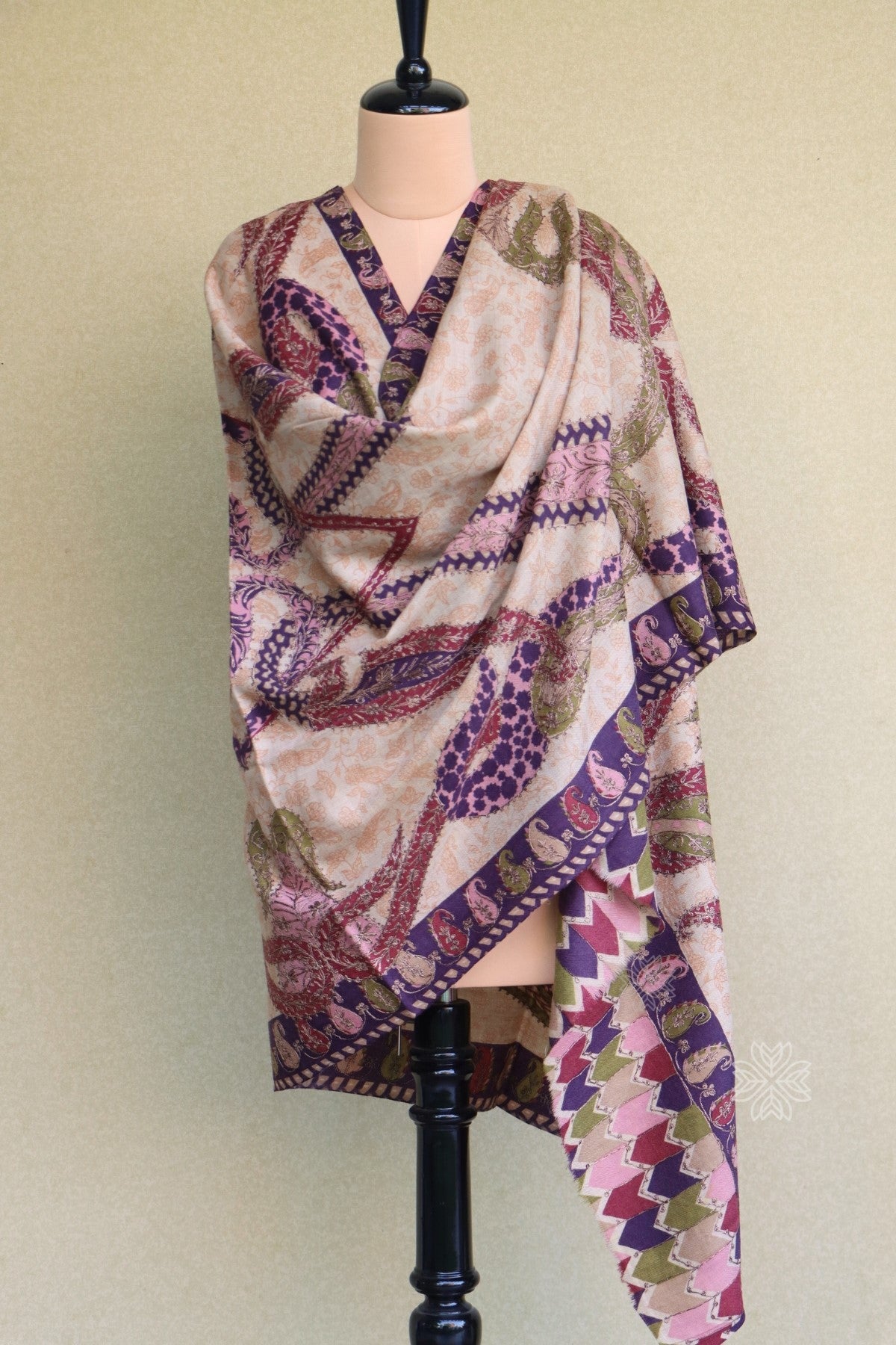 Beige Kalamkari Fine Wool Shawl