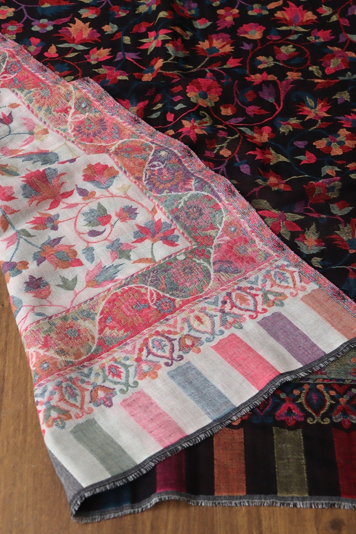 Black and Off White Reversible Kani Fine Wool Shawl