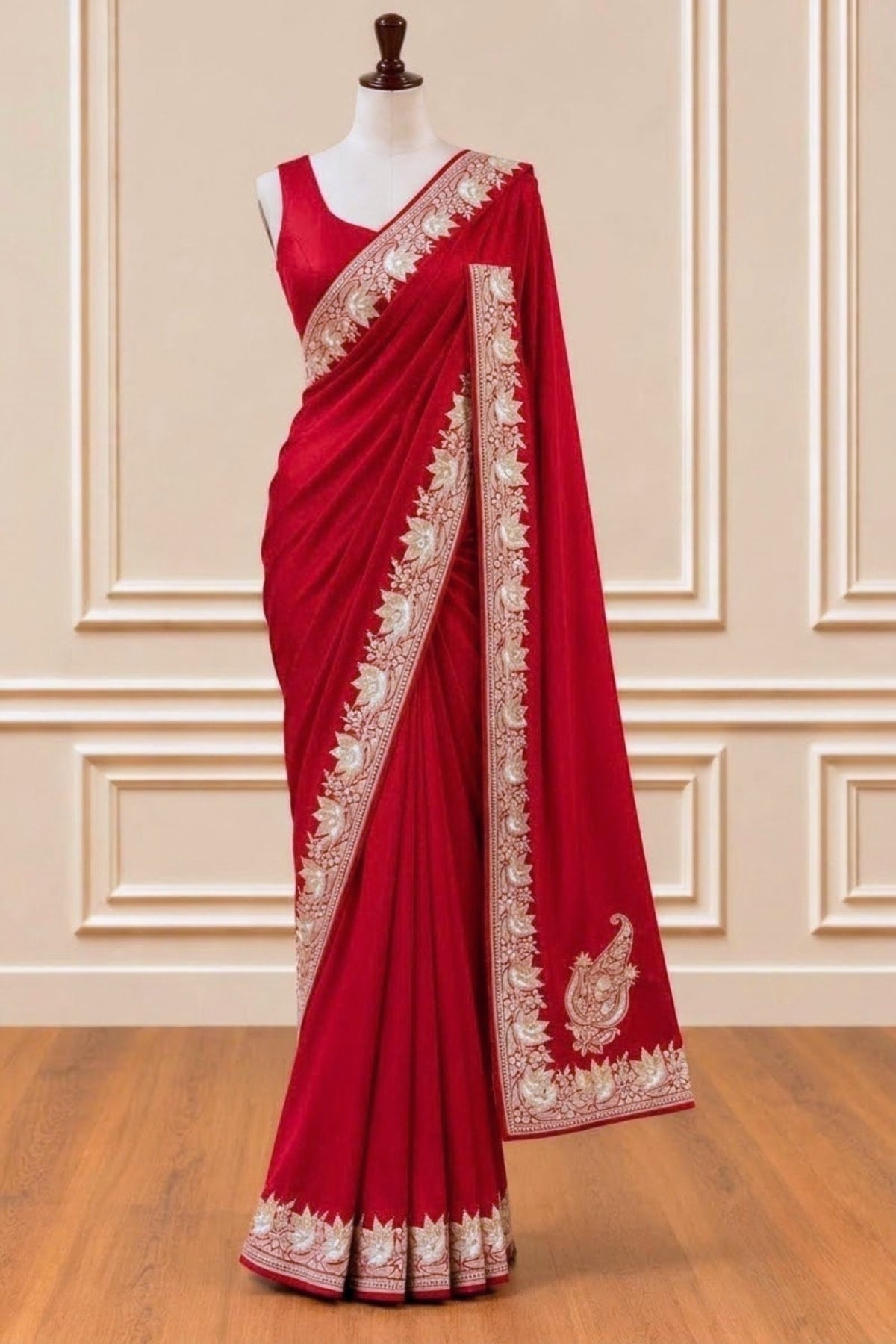 Red Kashmiri Tilla Hand Embroidered Satin Silk Saree