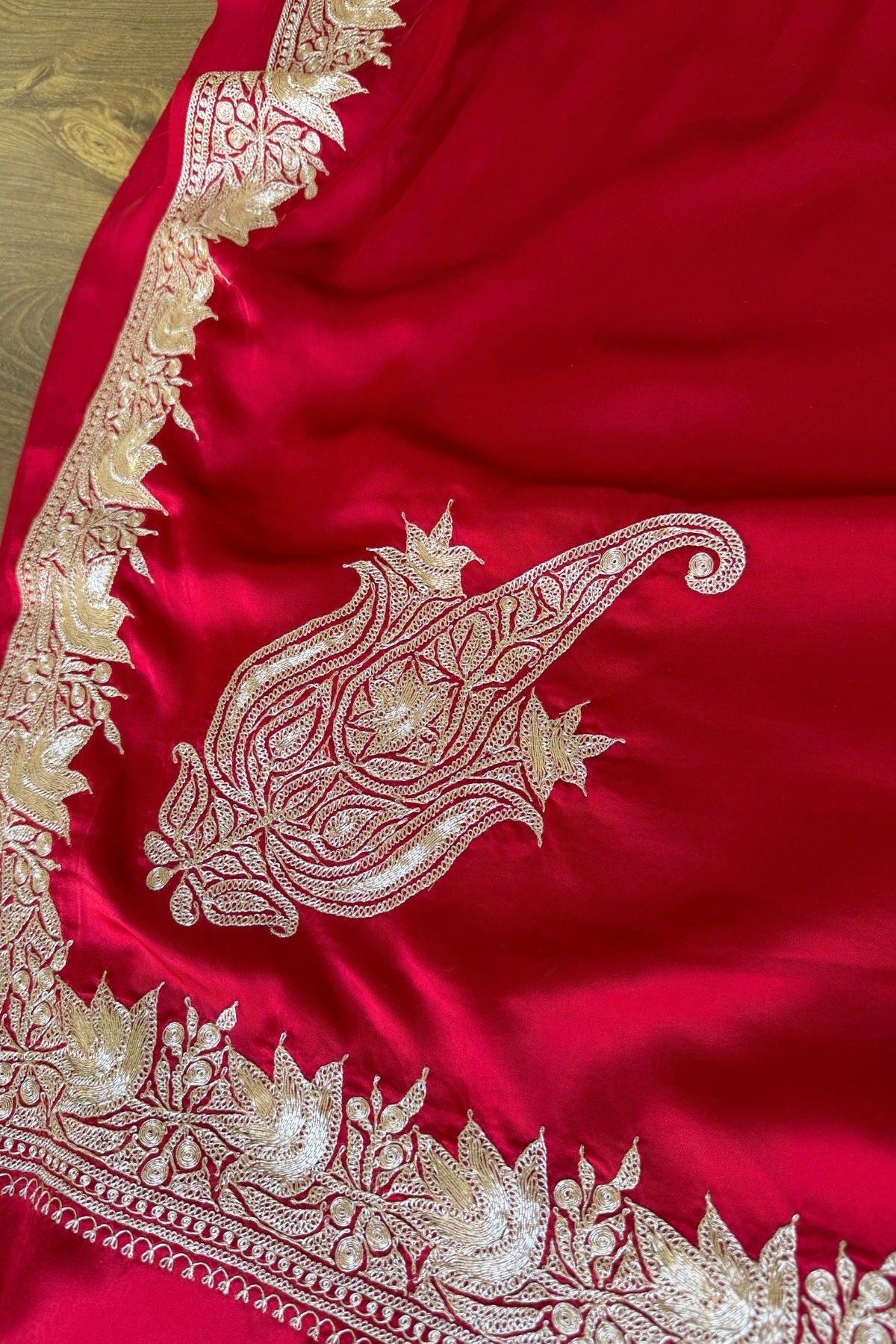 Red Kashmiri Tilla Hand Embroidered Satin Silk Saree